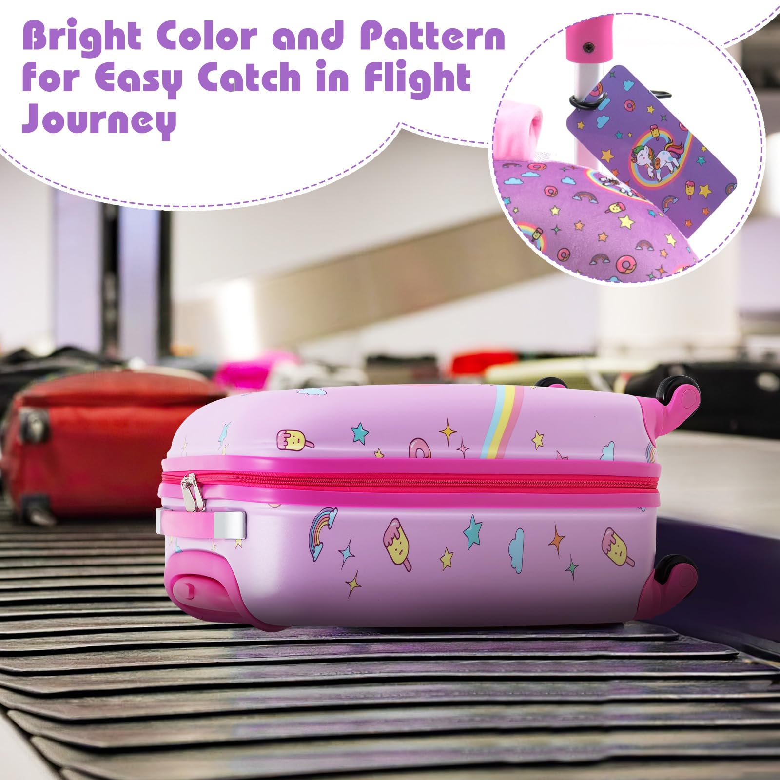 SOARS Maleta Infantil de 5 Piezas, Maleta Viaje con Mochila, Cojín Cervical, Bolsa de Almuerzo y Etiqueta de Equipaje, Equipaje Infantil con Ruedas y Asa Telescópica, para niños y niñas (Unicornio)