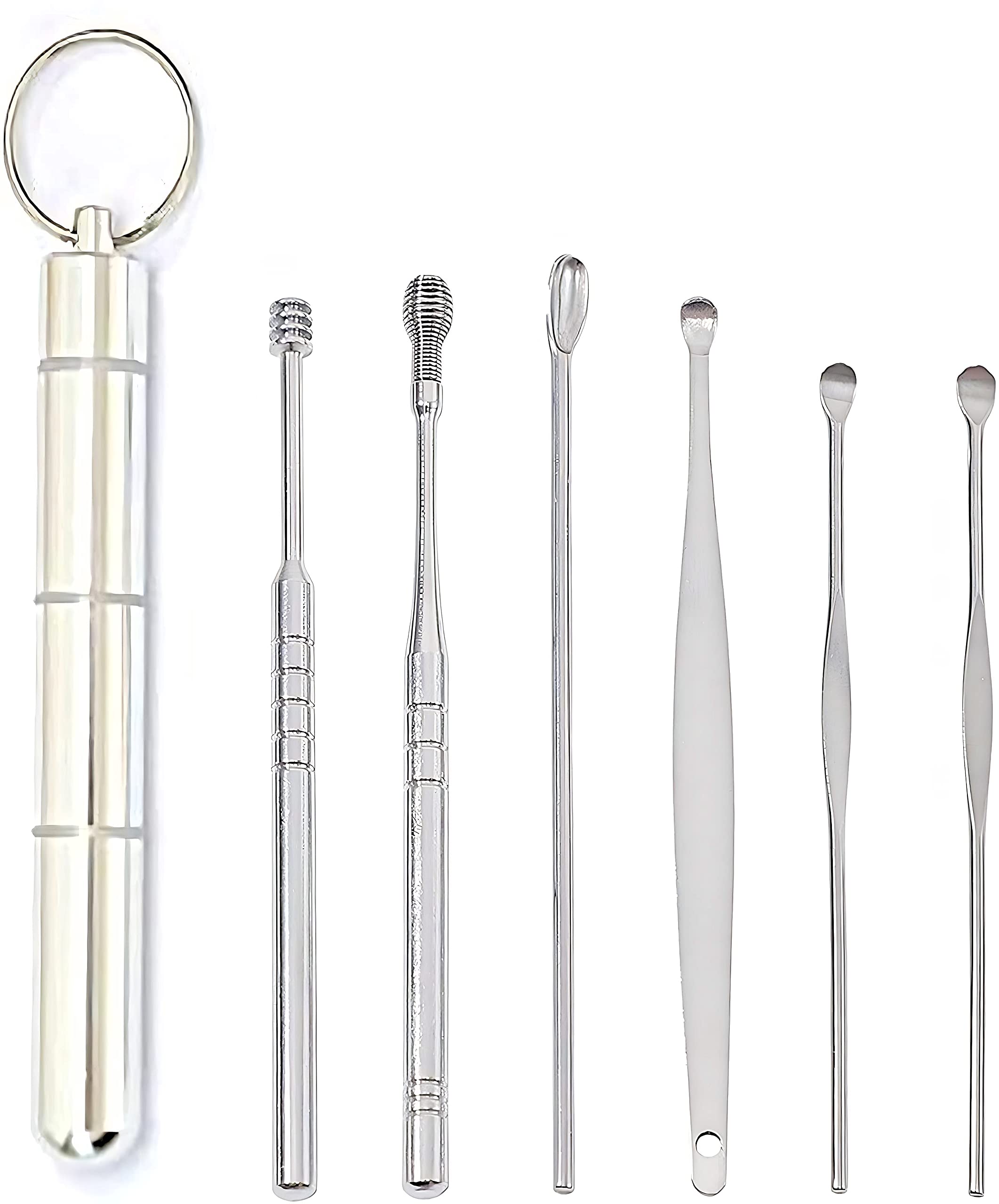 SEOR Earwax Removal kit, Reusable Ear Wax Removal 6-in-1 Ear Pick Tools Ear Cleaner, Stainless Steel Ear Pick Set with Steel round Box (silver)