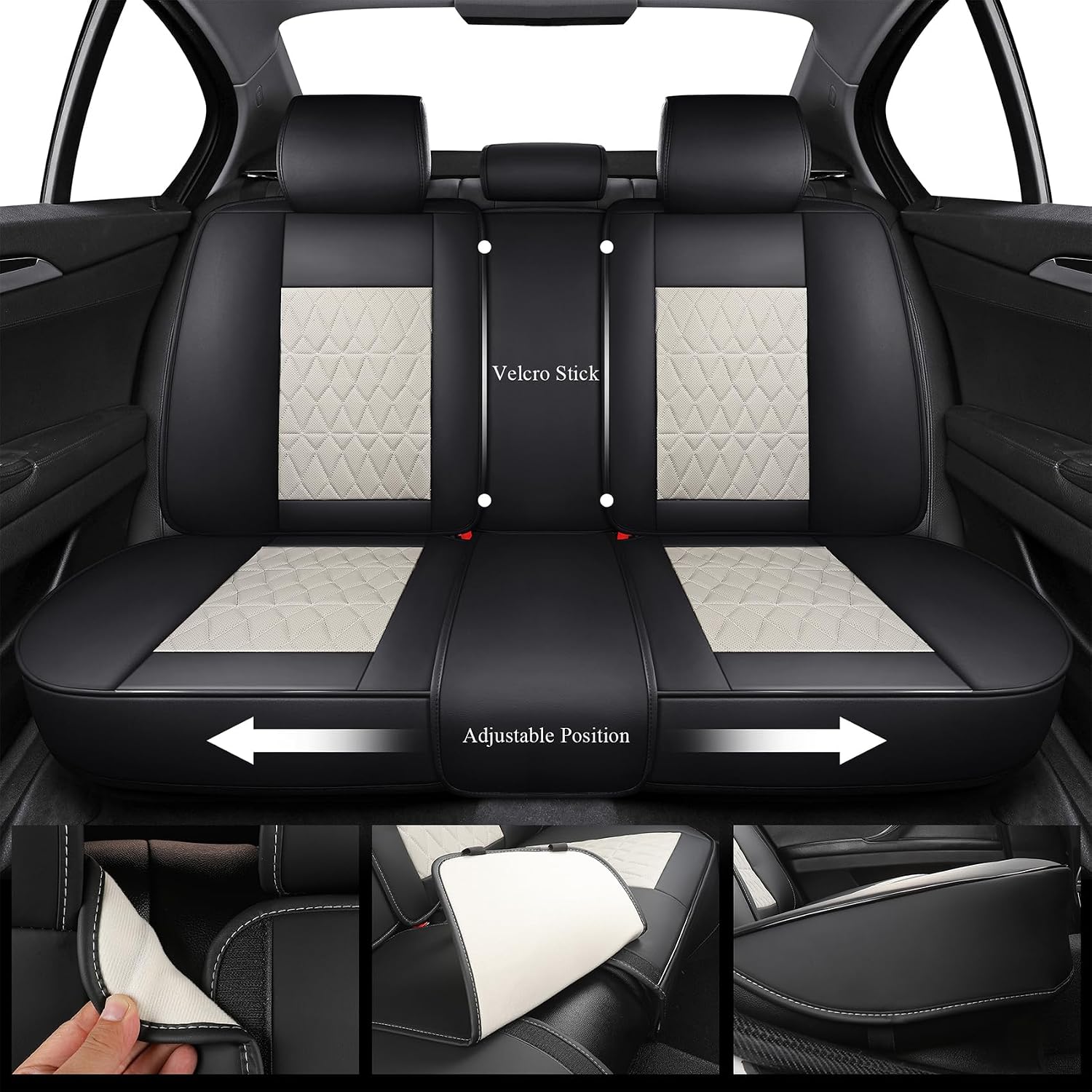 Aierxuan 5 Pcs Full Coverage Leather Car Seat Covers, Universal Fit Ford Kia Hyundai Nissan Honda Subaru Forester Legacy Outback Impreza Tribeca WRX Cruze Equinox Malibu, Black-Beige