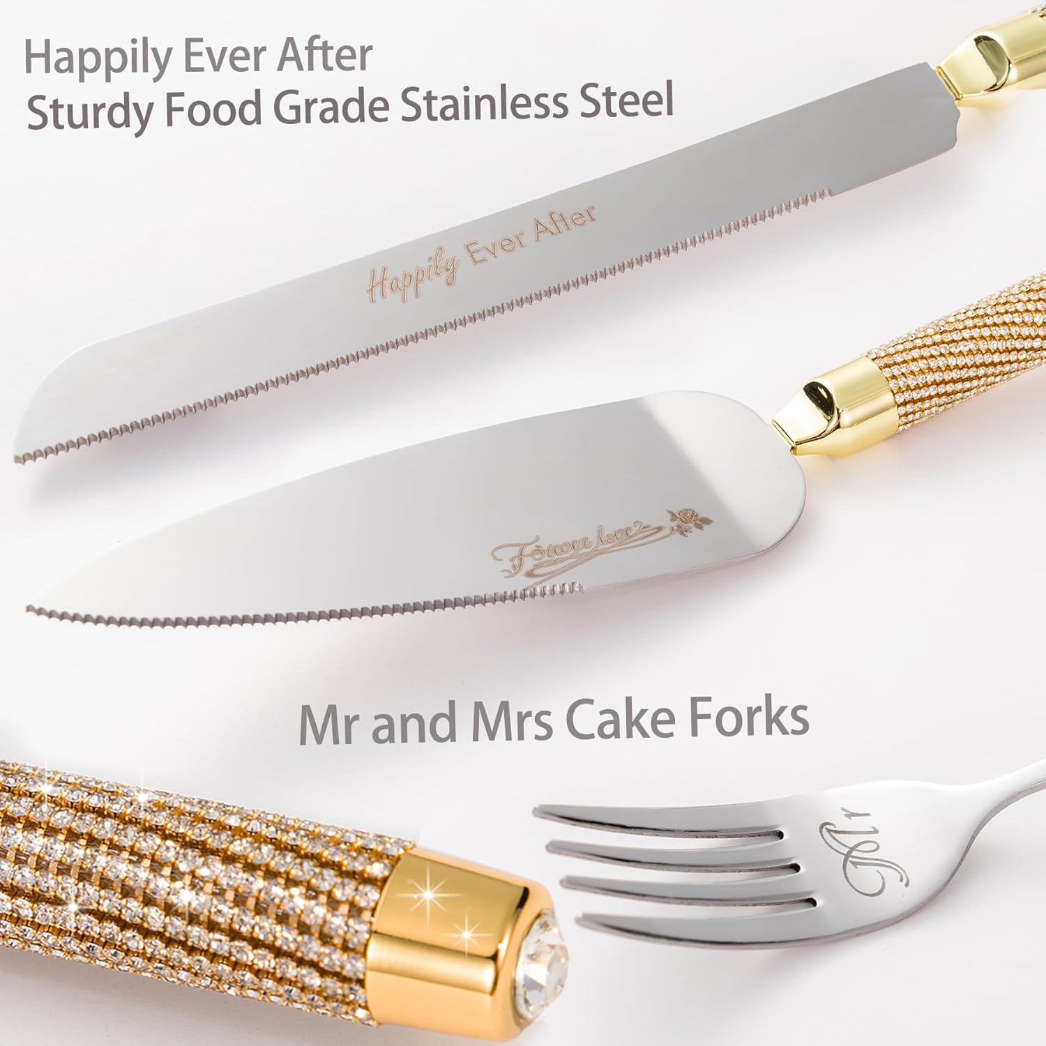 Wedding Cake Knife and Server Set, Gold Cake Cutting Set for Wedding, Mr and Mrs Champagne Flutes for Bridal Shower Gifts Engagement Gifts for Couples - Image 2