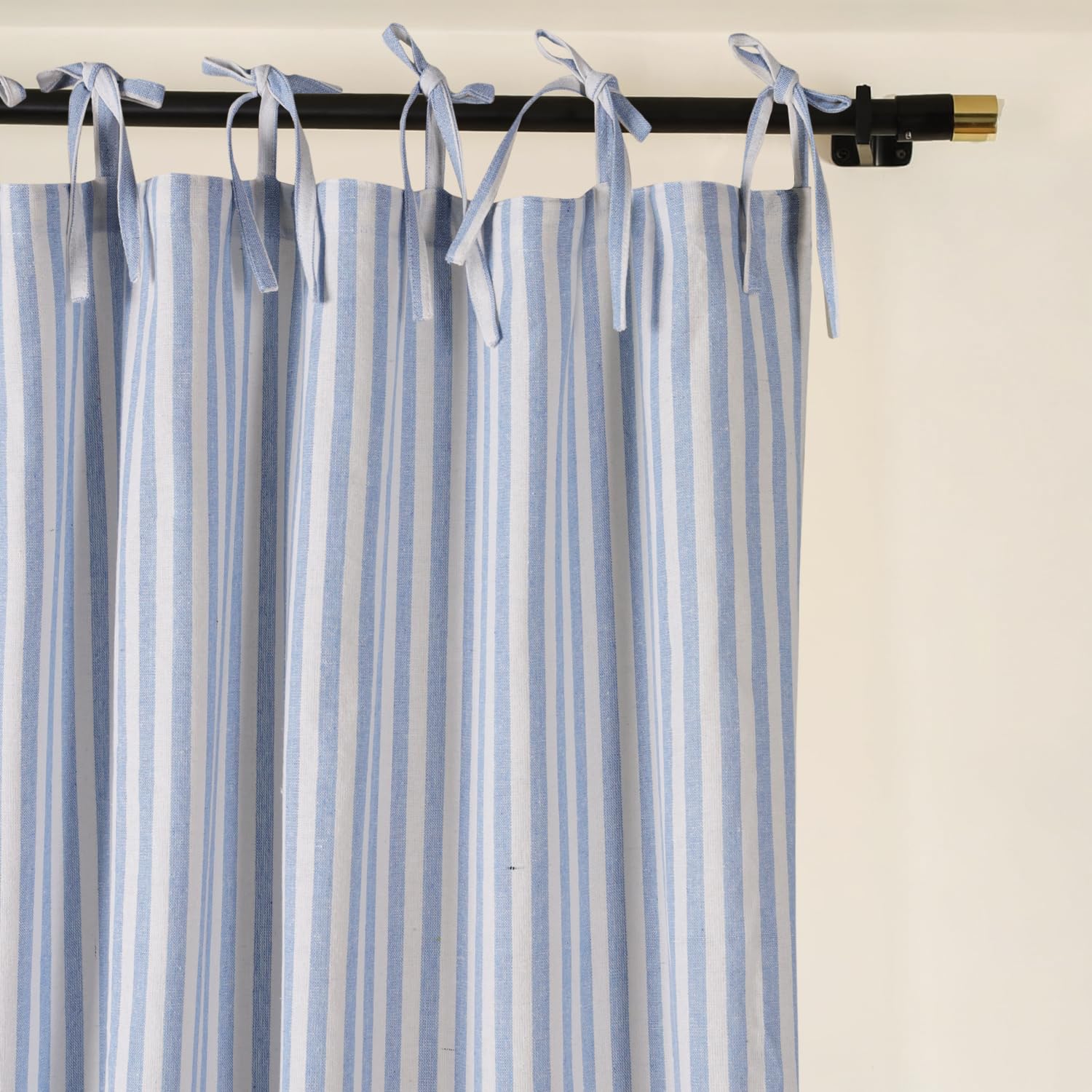 Gauze Ticking Striped Curtains, Boho Linen Gauze Tie Top Hanging Light Filtering Pinstripe Cafe Curtains 2 Panel Curtain Drapes for Living Room Home Décor Light Blue on White (72"x42" Each Panel)