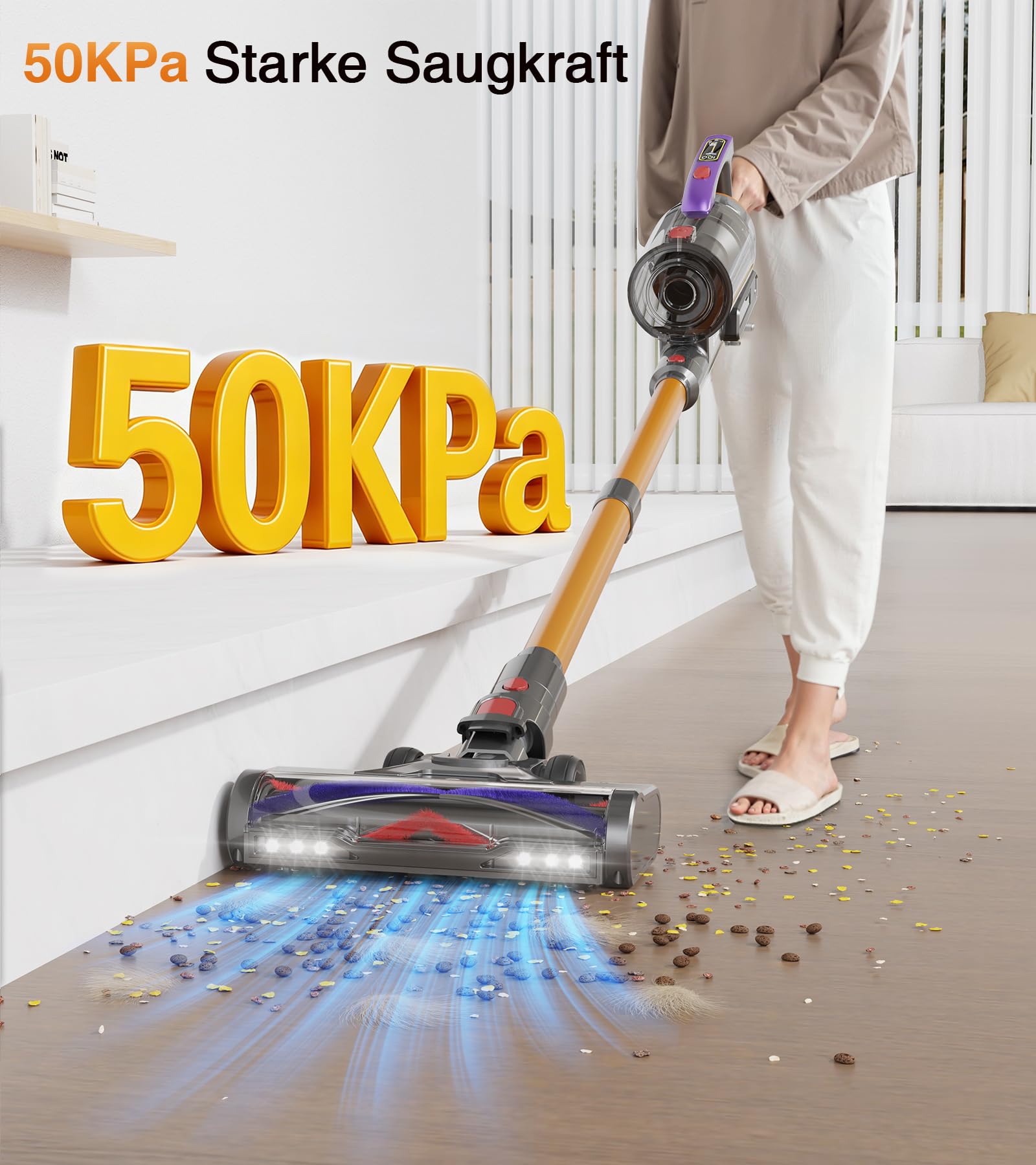 CHEBIO Akku Staubsauger 50000Pa/600W, 75 Min Staubsauger Kabellos Beutellos, 1.8L Akkustaubsauger Freistehend mit LED-Display&Anti-Tangle-Bürste, Stielstaubsauger für Tierhaare/Hartböden/Teppiche/Auto