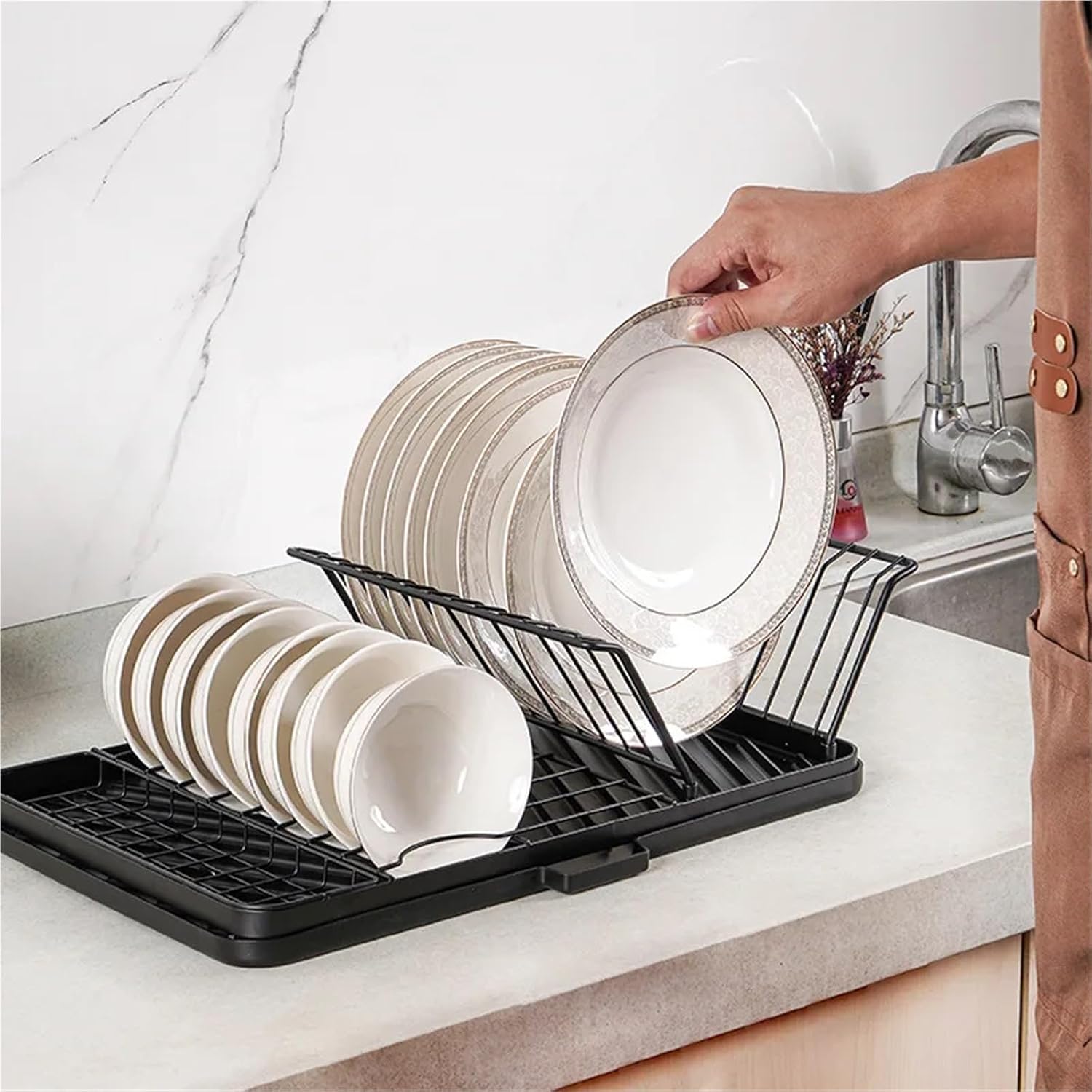 Foldable Dish Drying Rack With Drip Tray Adjustable Kitchen Plates Bowl Drying Rack Countertop Chopstick Fork Storage Shelf(White)
