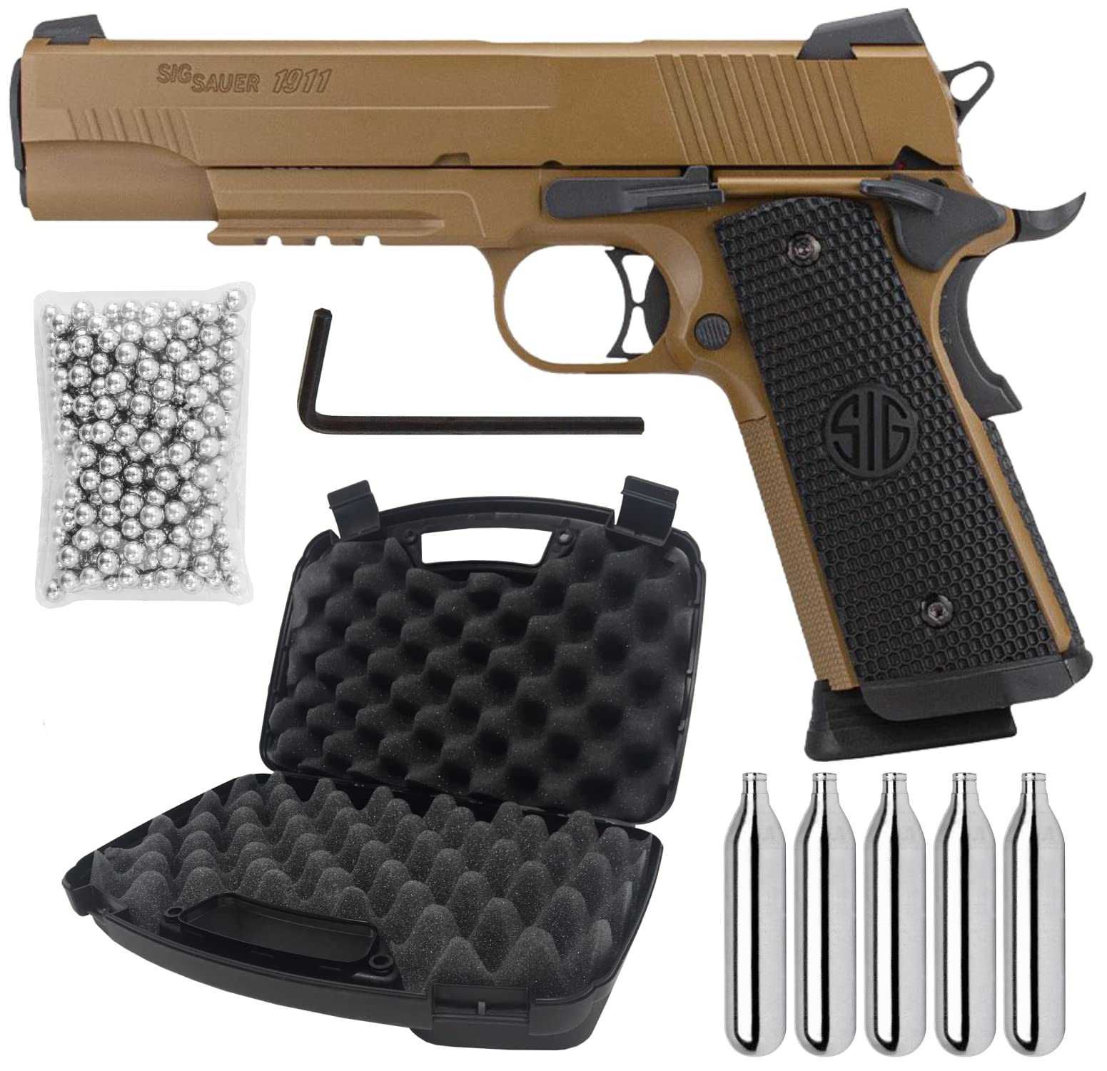 Sig Sauer 1911 Emperor Scorpion CO2 Blowback BB Pistol Air Gun with Wearable4U 5xCO2 Tanks, Pack of 1500 BBS and Hard Case Bundle