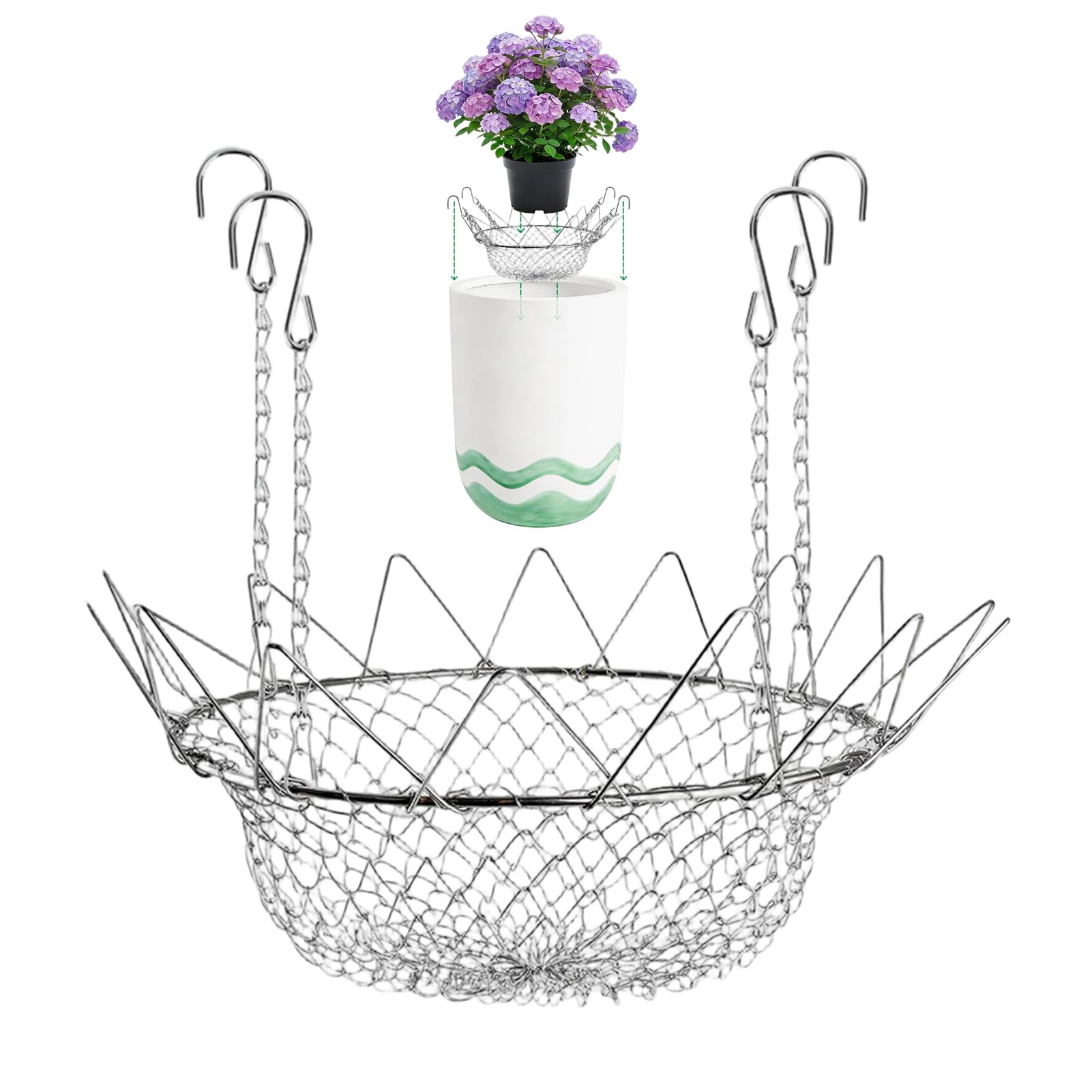 Adjustable Plant Riser - Heavy Duty Rustproof Stainless Steel Plant Pot with Chains,Planter Filler Support,for Outdoor Indoor Flower Home Soil Garden Patio Balcony Deck Yard Terrace Porch