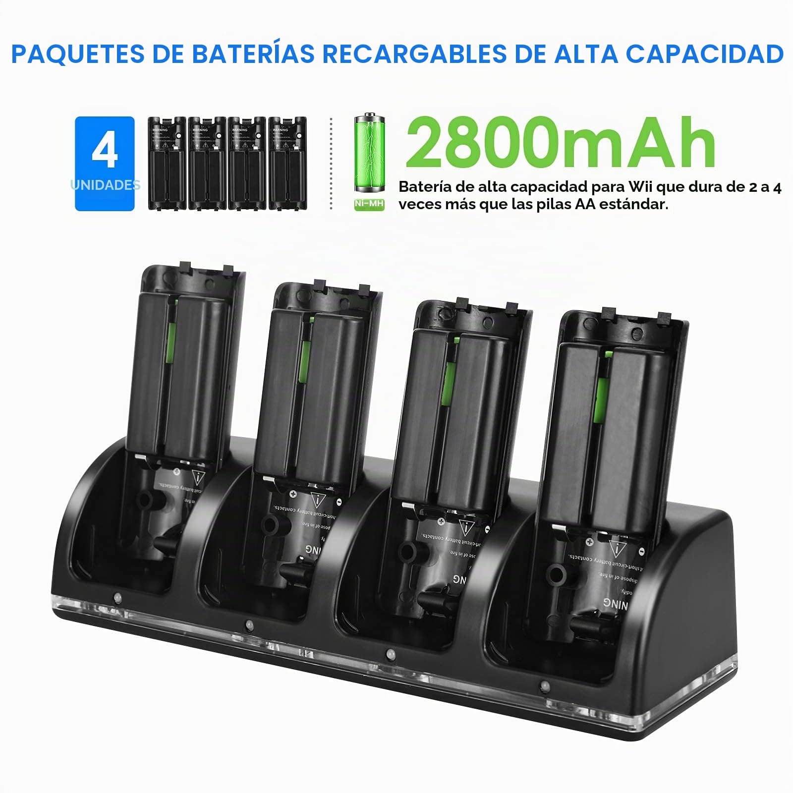 Estación de carga para controlador Wii, estación de carga 4 en 1 con 4 pilas recargables de 2800 mAh para control remoto de juego Wii/Wii U