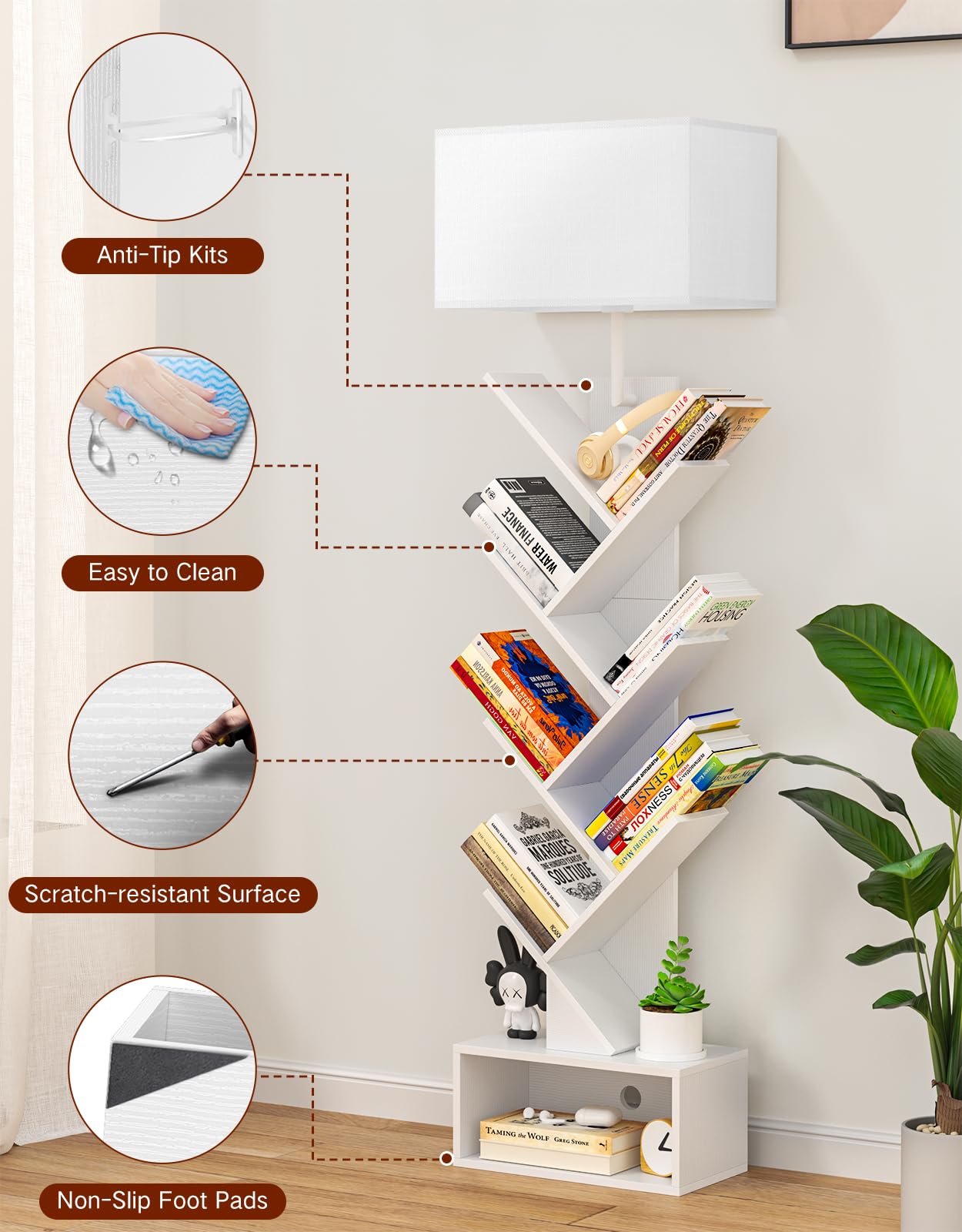 Libreria a Forma di Albero in Legno con Luce, Scaffale Autoportante a 6 Ripiani ad Angolo con Telecomando – Libreria Salvaspazio per Libri, CD, per Soggiorno, Studio, Ufficio (Bianco)