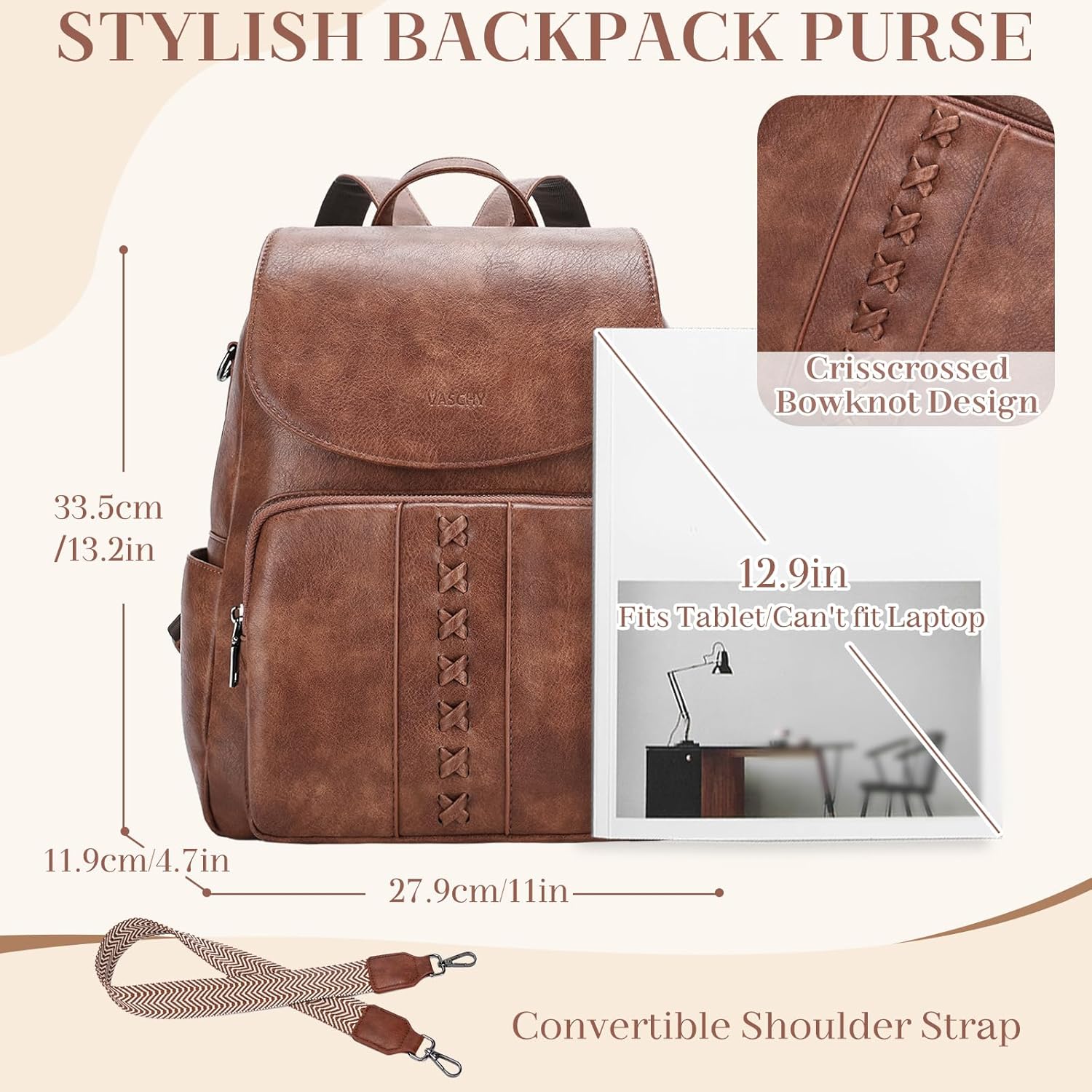 VASCHY Backpack Purse for Women, Fashion Cute Vegan Leather Flap Backpack Convertible Handbag for Ladies with Guitar Strap Brown - Image 2