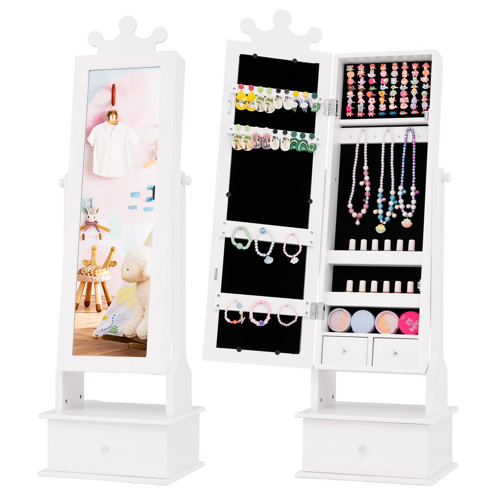 COSTWAY Armario de Joyería para Niños con Espejo y 3 Cajones, 2 Ángulos de Inclinación Ajustables y Sistema Antivuelco, Espejo Vestidor con Forma de Corona para Niños de 3+ Años (Blanco)