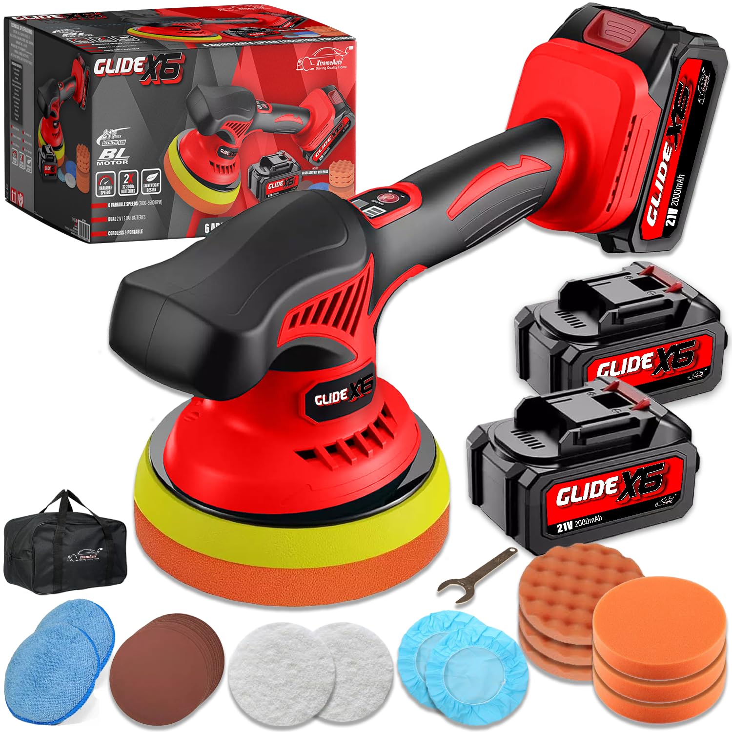 Xtremeauto Glide X6 Cordless Dual Action Car Polisher Kit – 21V Brushless Buffer & Waxing Machine with 2 Batteries, Variable Speed Orbital Polishing Tool for Car Detailing, Scratch Removal & Finishing — view 8