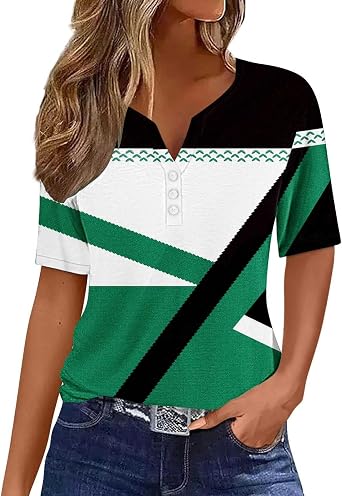 Ceboyel Women Floral Boho Summer Tops 2024 Short Sleeve Henley Shirts V Neck Blouses Tunic Trendy Fashion Vacation Clothes