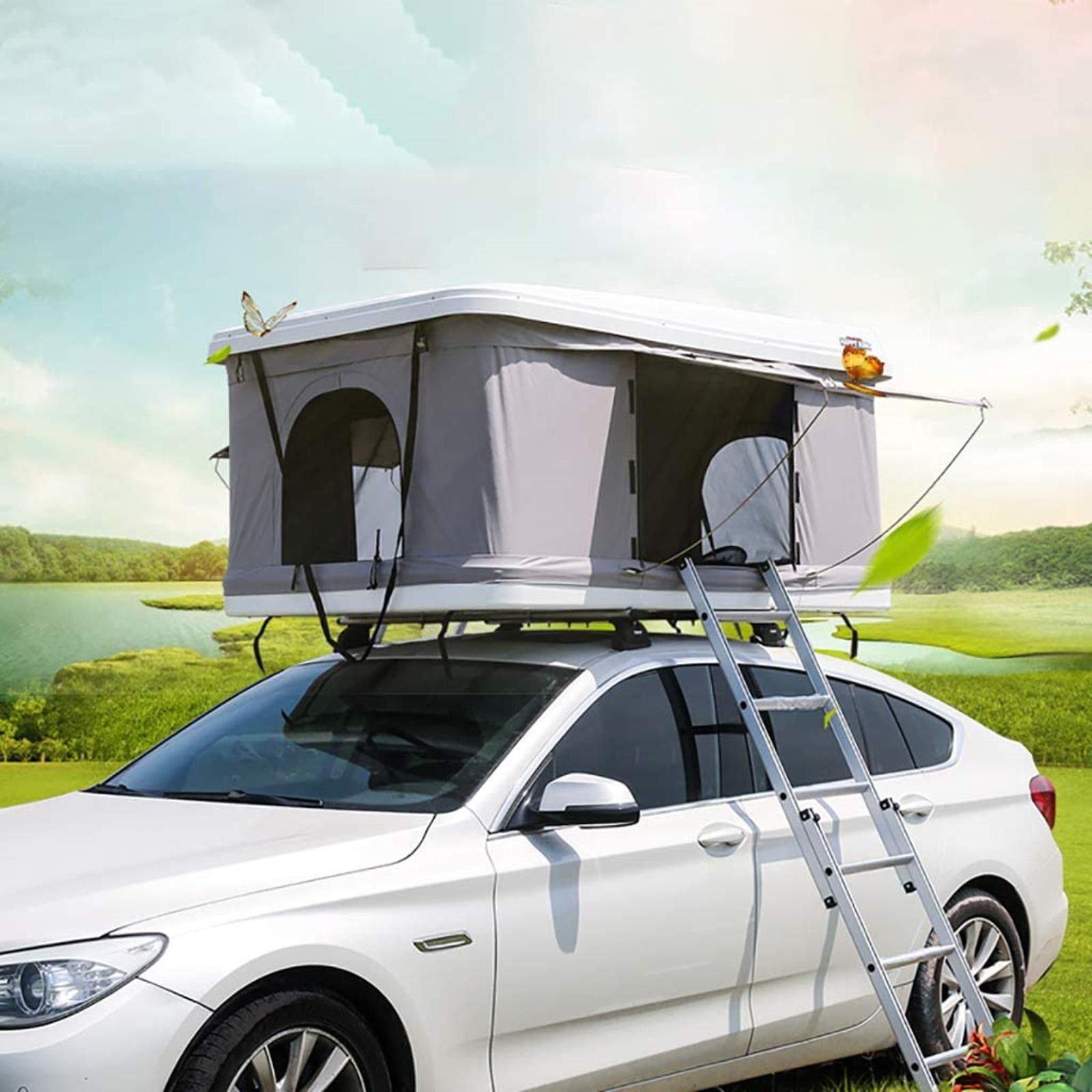 Tente De Toit De Voiture Hydraulique Visite Autonome Automatique Coque Dure en Abs pour L'Extérieur, Adaptée À 2-3 Adultes, avec Échelle Allongée Et Lumières De Camping