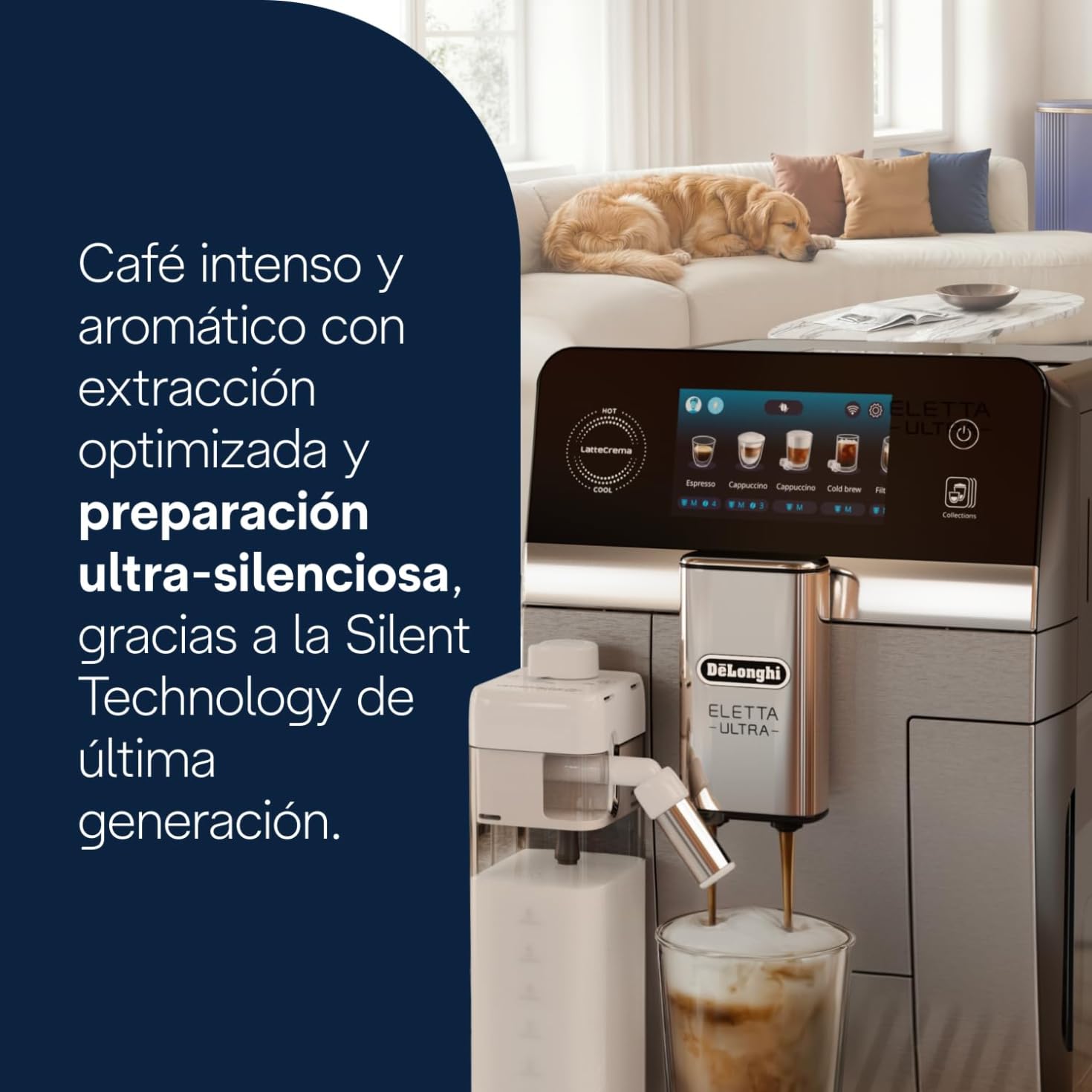 De’Longhi Eletta Ultra – Cafetera Superautomática con Jarra de leche automática, 50+ Bebidas Calientes y Frías, Silent Technology, Pantalla Táctil a Color, Color Metal (ECAM472.85.MB)