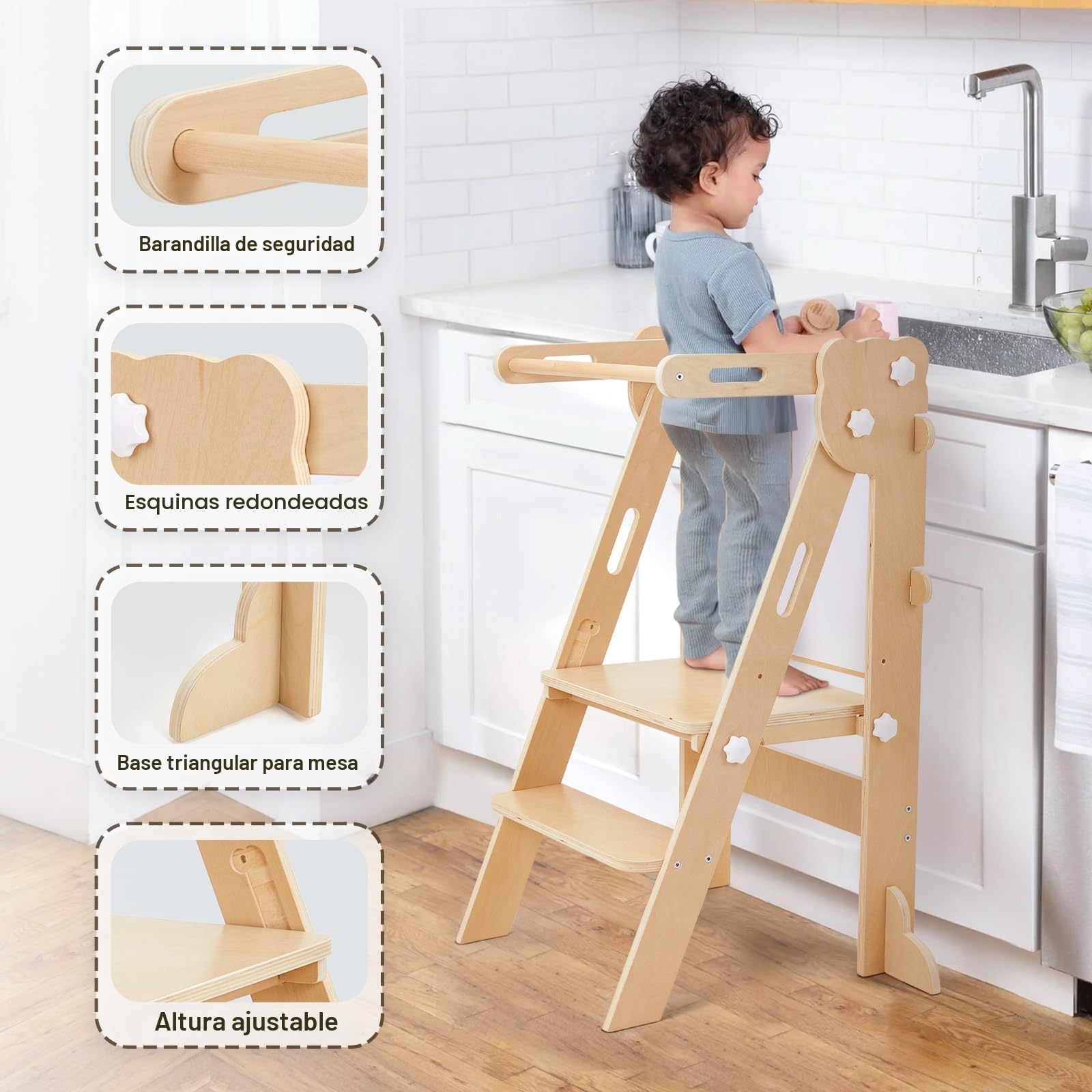 Labebe Torre de Aprendizaje Plegable 3 en 1 Multifuncional Ajustable en Altura y Ancho Madera