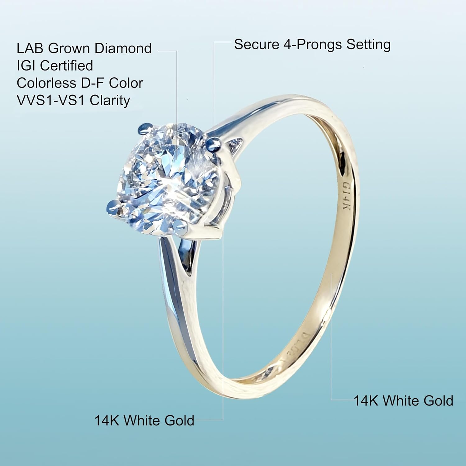 14K White Gold 1 to 3 Carat IGI Certified LAB Grown Diamond Engagement Rings for Women, Round Cut Solitaire Diamond Anniversary Wedding Promise Rings Jewelry Gift for Her, D-F Color, VVS1-VS1 Clarity