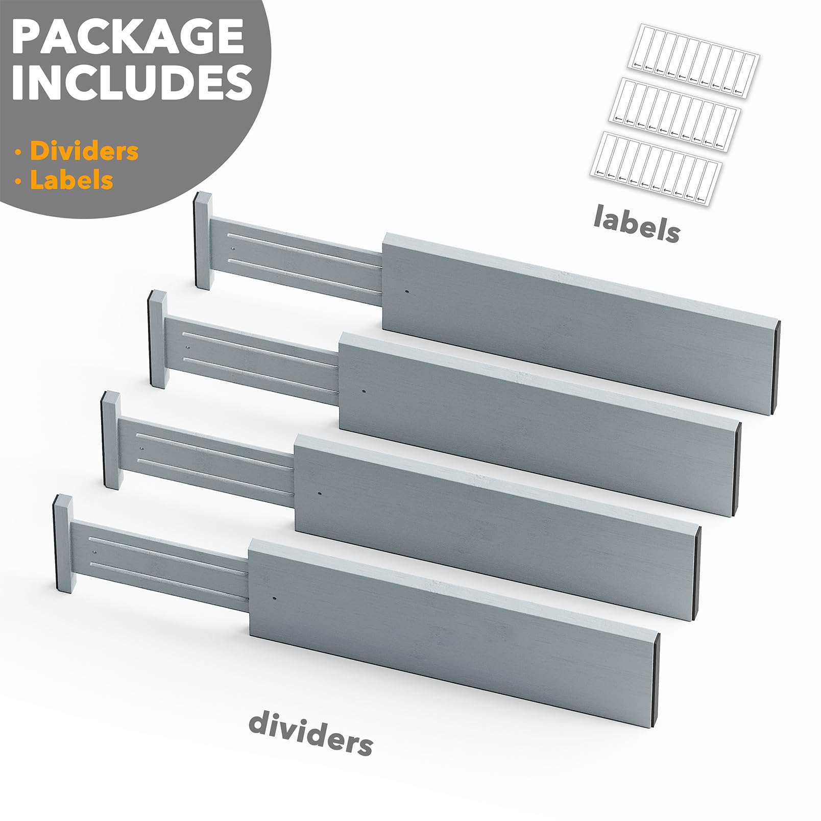 SpaceAid Schubladenteiler aus Bambus, 11,8 cm hoch, verstellbar, 43,2 cm - 55,9 cm, erweiterbare Organisation für Kleidung, Kommoden, Grau, 4 Stück