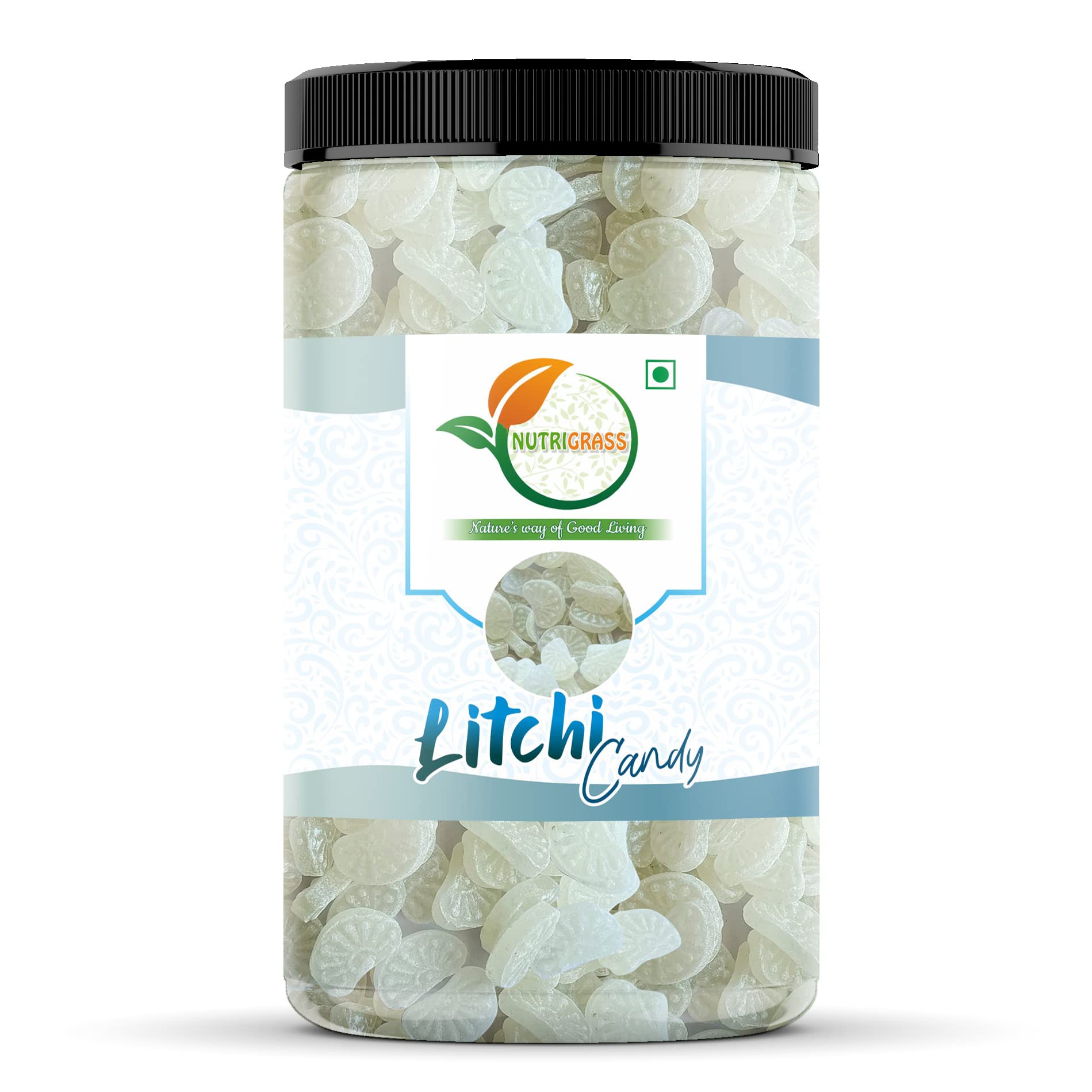 - NUTRIGRASS Litchi Flavour Candy 800 GMS | Candy Khatti Mithi Goli |Litchi Toffee | Litchi Herbal Toffee Jar Pack 800g