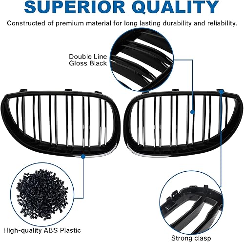 Miniatura 15 de Rejilla frontal F10 para riñón con doble listón, color negro brillante, compatible con BMW Serie 5 2010-2017, F10, F11, F18, Sedan 520i, 528i, 535d