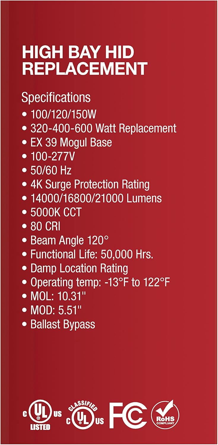 Satco S33117 Hi-Pro LED High Bay Wattage-Selectable HID Replacement Light, White, 100W/120W/150W