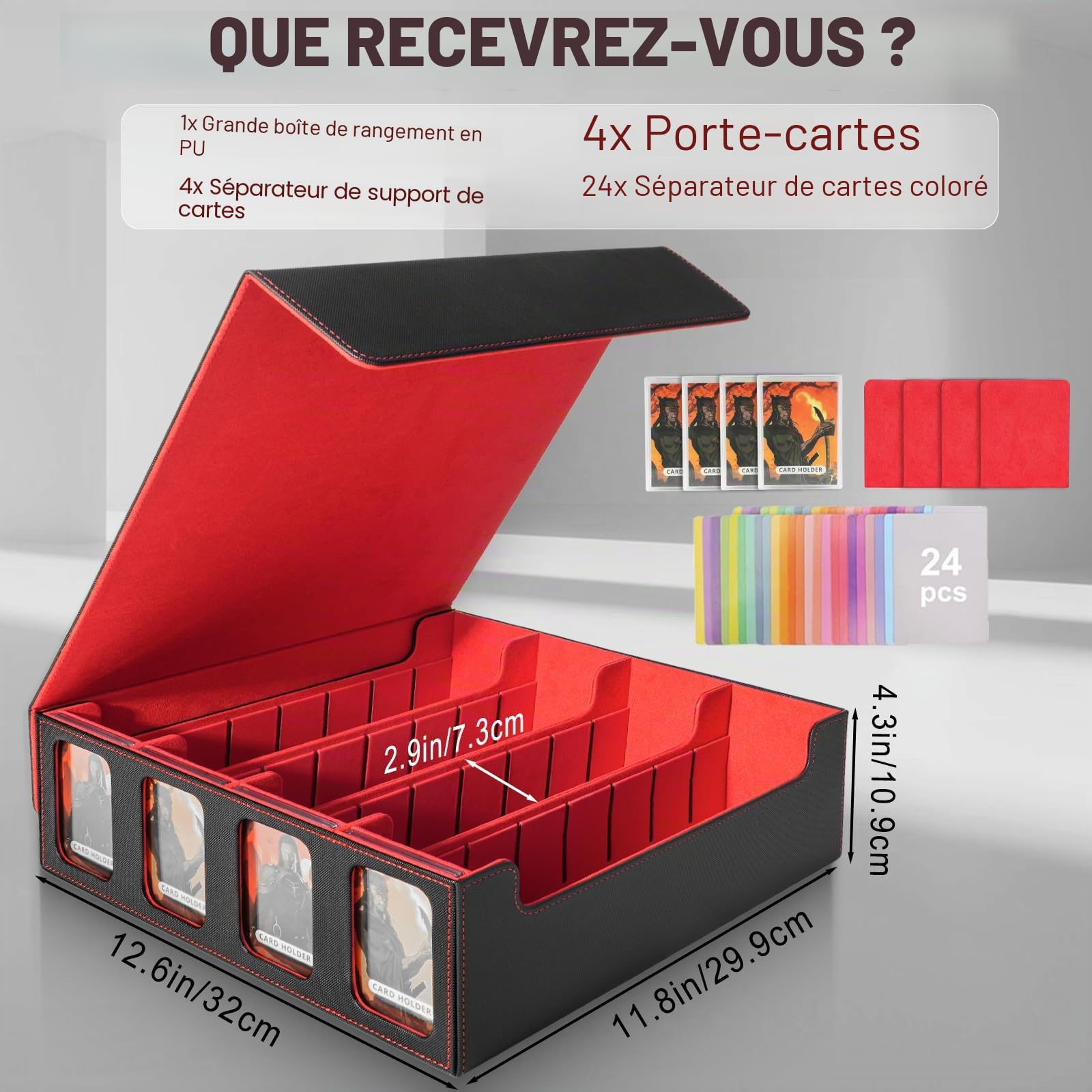 Boîte de rangement pour deck MTG - Capacité de 3000+ cartes avec 24 séparateurs et fenêtres d'affichage pour cartes TCG et YuGiOh (Noir & Rouge)
