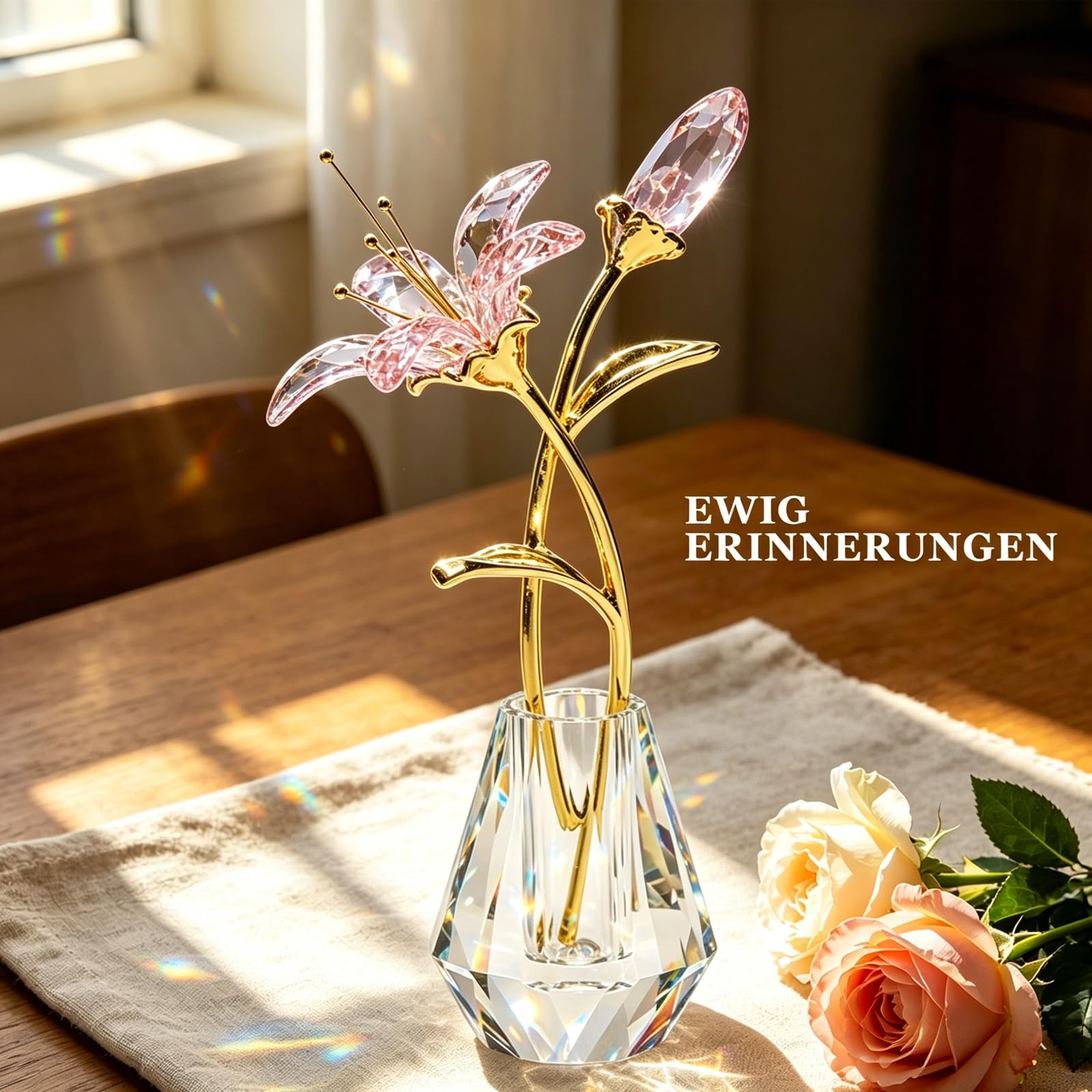 Hoypeyfiy Kristall-Lilienblume Floralfigur Figur Sammlerstücke für Frauen, Glas-Pink-Lilie mit Kristallvase und Metallstiel, ideal für Heim-, Hochzeits- und Partydekoration