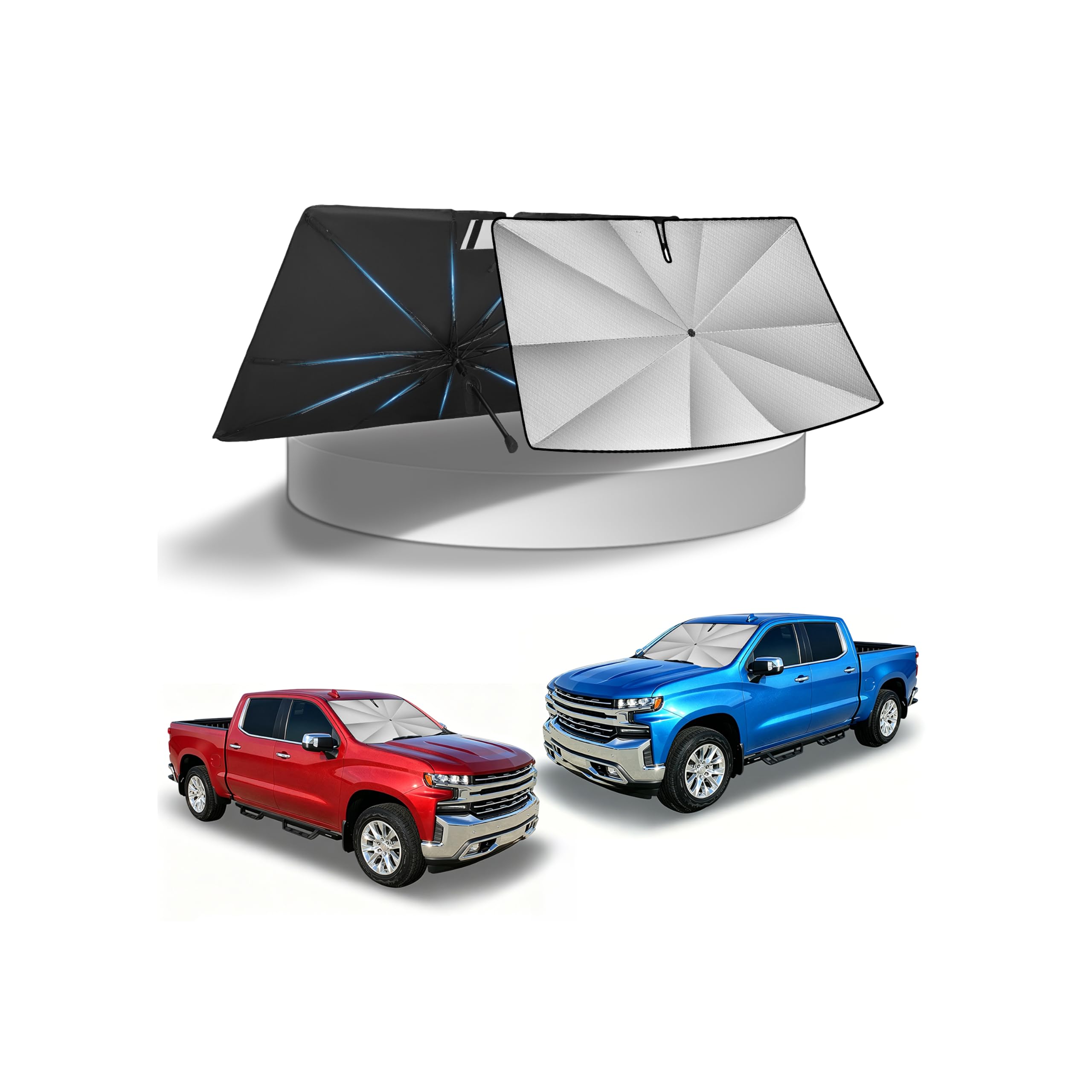 KUST Windshield Sun Shade Umbrella for 【2019-2026 Chevrolet Chevy Silverado/GMC Sierra 1500 2500 3500】 | Ice Crystal Windshield Sunshade with Bendable Handle | Blocks UV Rays