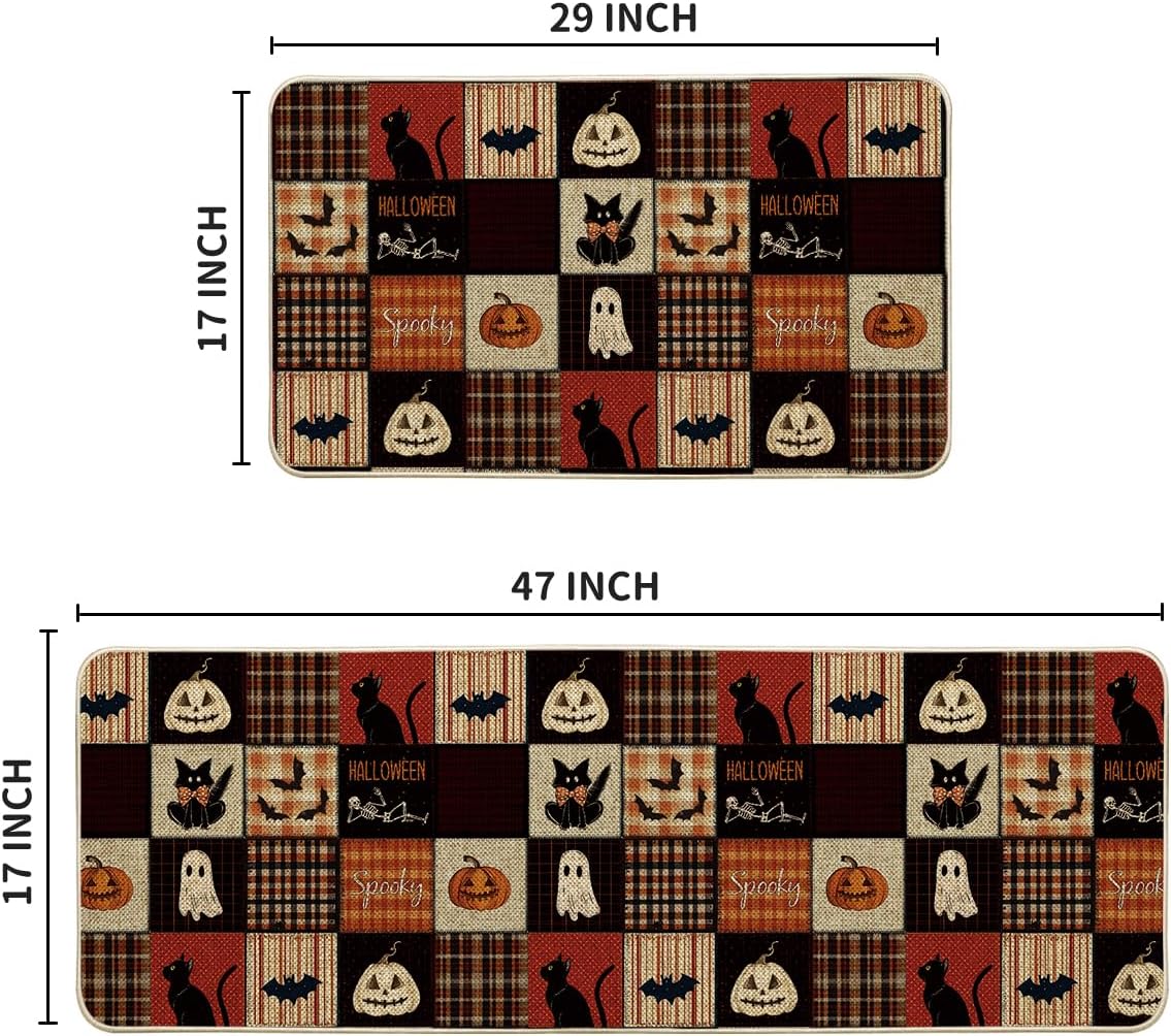 Artoid Mode Jack-O'-Lantern Cat Bat Ghost Plaid Halloween Kitchen Mats Set of 2, Home Decor Low-Profile Kitchen Rugs for Floor - 17x29 and 17x47 Inch