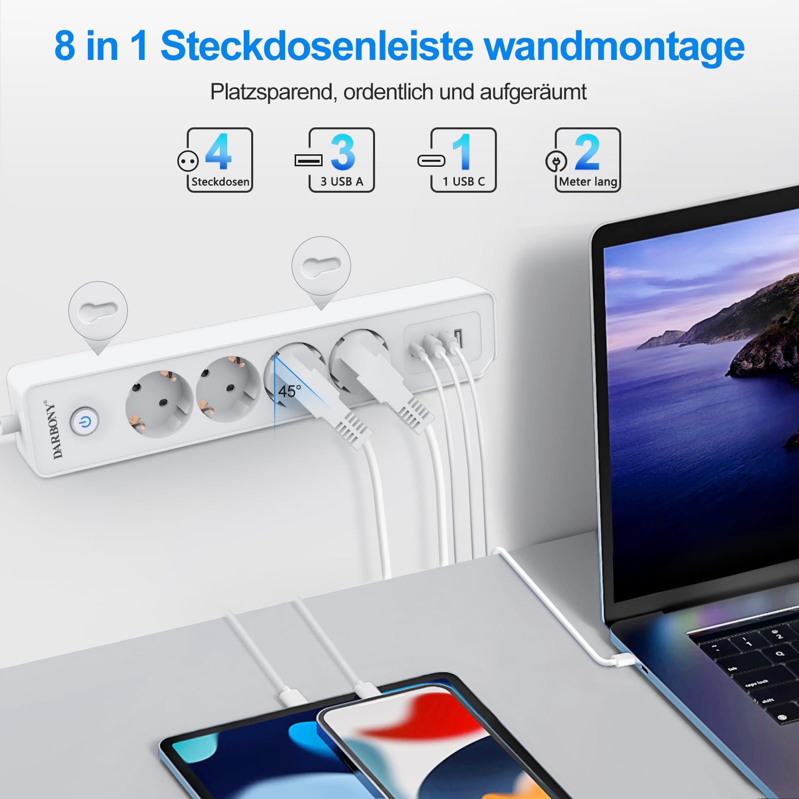 Darbony Listwa zasilająca z 4 gniazdami USB, z przełącznikiem, 4-krotna, ochrona przed przepięciem, 3680 W, 16 A, z gniazdem rozdzielającym USB C, do biura, odtwarzacz CD, kabel 1,8 m, biała