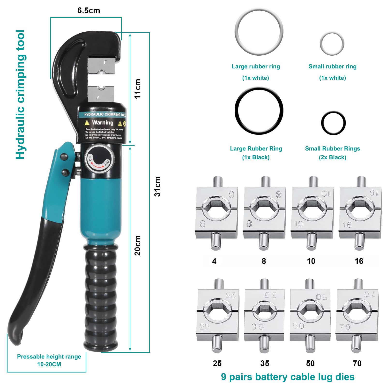Lsoar Hydraulic Crimping Tool Hydraulic Cable Lug Crimper with 9 works of Dies 4-70 mm², Turquoise - Image 4