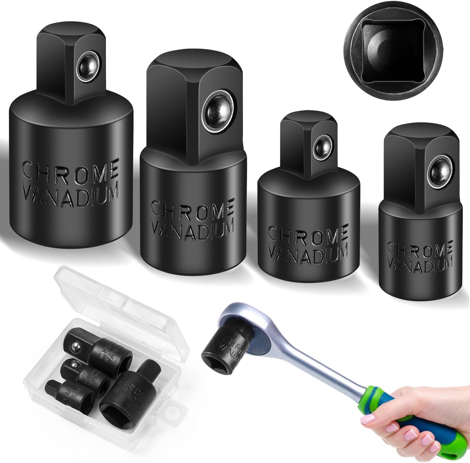4Pcs Impact Socket Adapter Set - 1/4" to 3/8", 1/2" to 3/8", CR-V Steel Socket Adapter, Impact Adapter Reducer Set with Box for Impact Driver Ratchet Docket