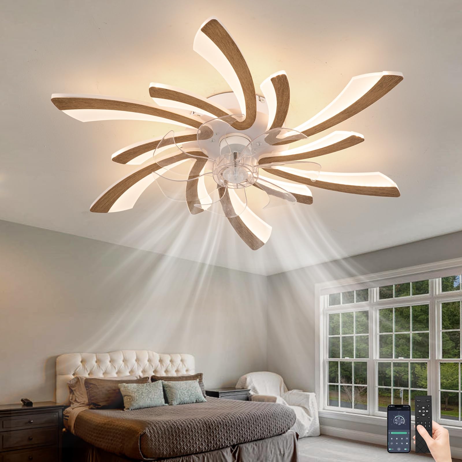 SXDMOUBK Modern Ceiling Fans with Lights 6 Speed Silent Dimmable Light with Fan Reversible Remote Control Light Fan Ceiling Chandelier Fan Lights Bedroom LED 60w Dc Reversible Motor Living Room