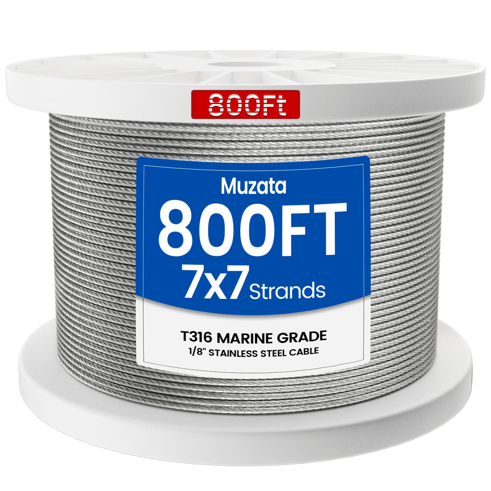 Muzata 800 ft 1/8" Stainless Steel Cable Railing System Hardware T316 Stainless Steel Wire Rope 7x7 Strands 1800 lb Breaking Strength Deck Cable