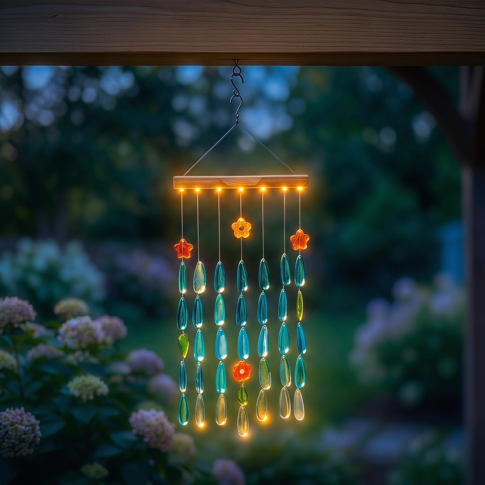 Photo 1 of Topadorn Solar-Powered Teal Glass Wind Chime, Colorful LED Suncatcher with Star & Flower Accents, Outdoor Garden Patio Decor
