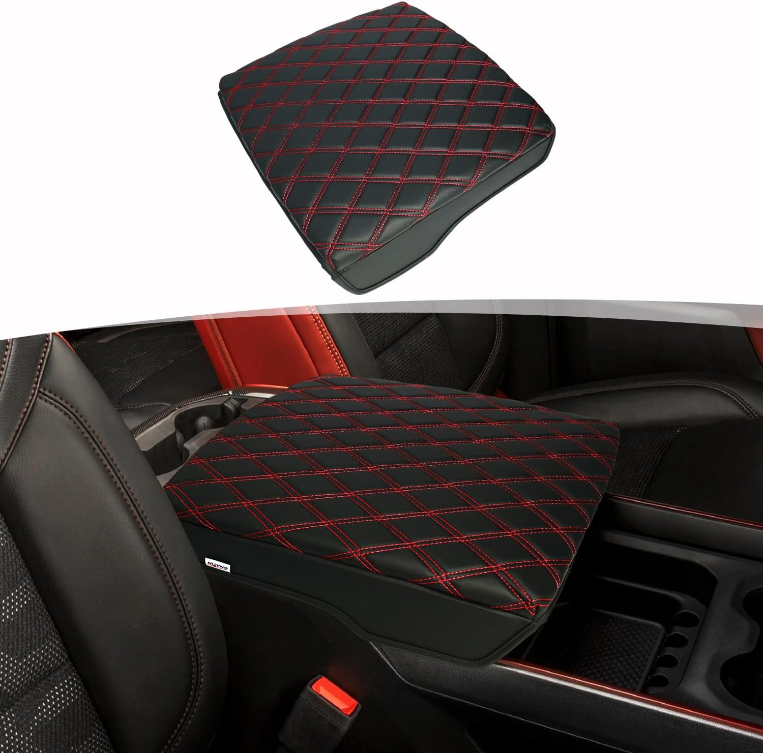 Center Console Armrest Cover for 2019-2026 Dodge Ram 1500 2500 3500 5th Gen, PU Leather Middle Console Lid Protector Arm Rest Cushion Anti-Scratch Thick Pad, Black/Red(Bucket Seat)