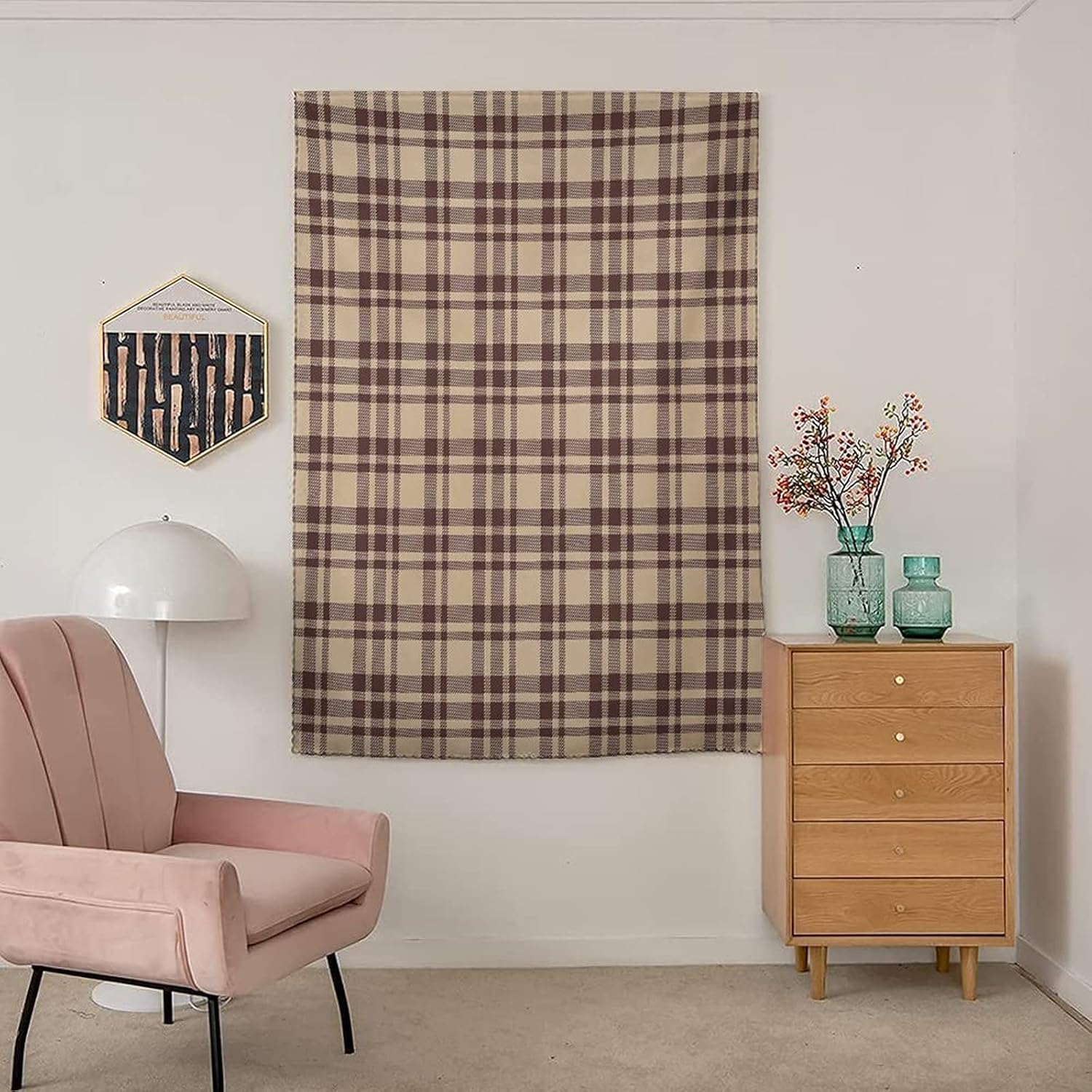 Self Adhesive Portable Blackout Curtains, Tan and Brown Room Darkening Curtains, Old Fashioned Check Plaid Pattern Geometric Print Temporary Blackout Blinds,47W x54L Inches, for Children Kids Bedroom