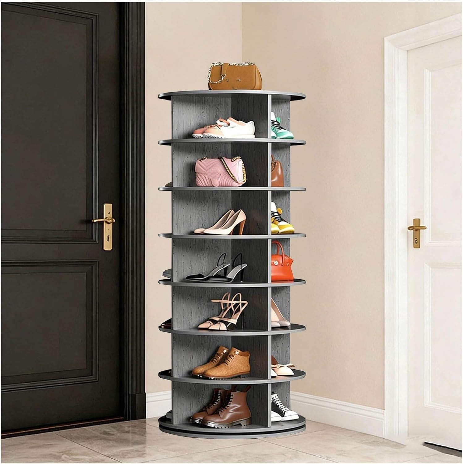 Lshtshf-Ou Black Rotating Shoe Rack Tower,360° Spinning Storage Organizer Modern Round Carousel For Closet Entryway Bedroom(,7-Tier)