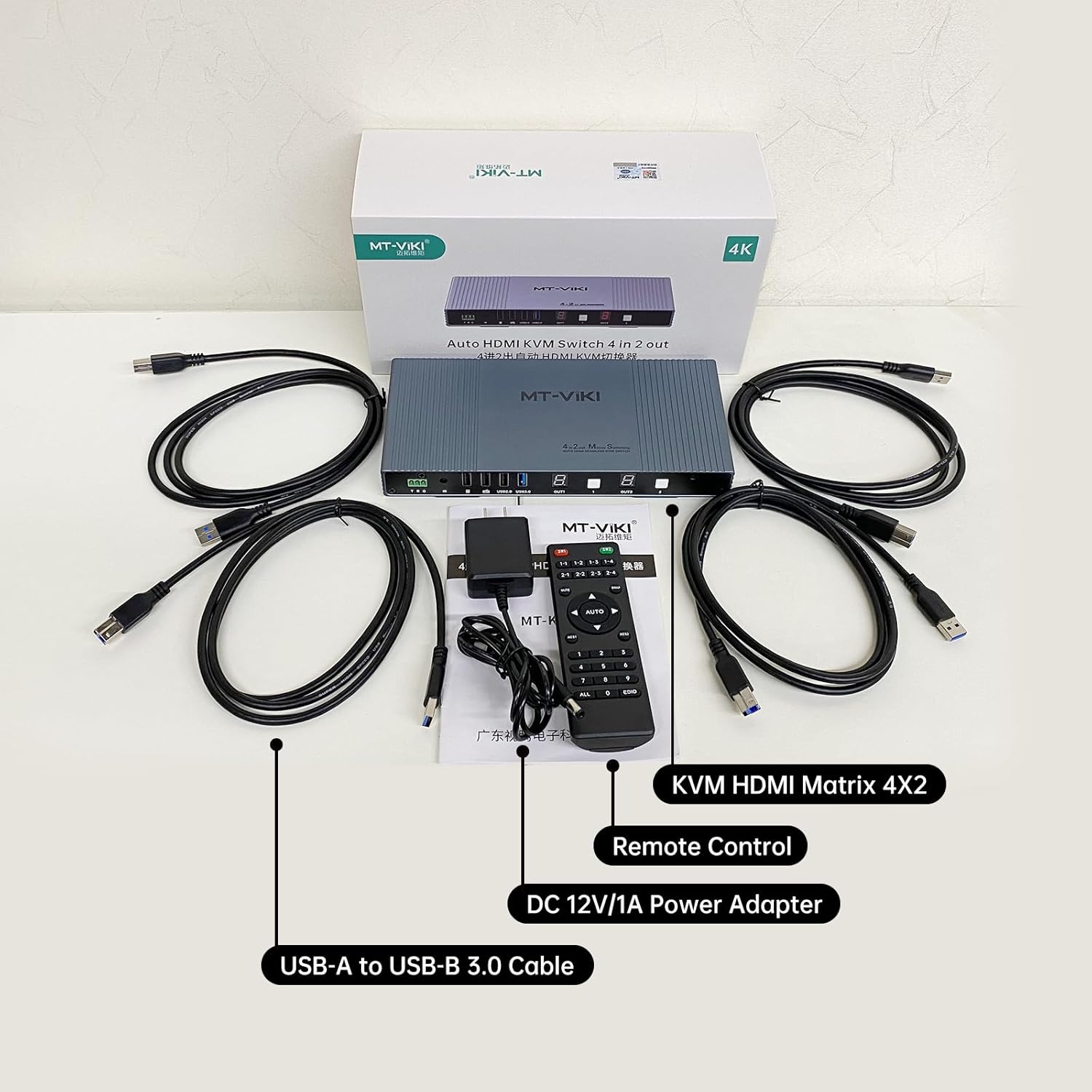 MT-VIKI 4K Seamless KVM HDMI Matrix Switch 4 in 2 Out w/Mouse Switching & 3.5mm Audio & IR Remote, 4K@30Hz, Support EDID+Hotkey+RS232