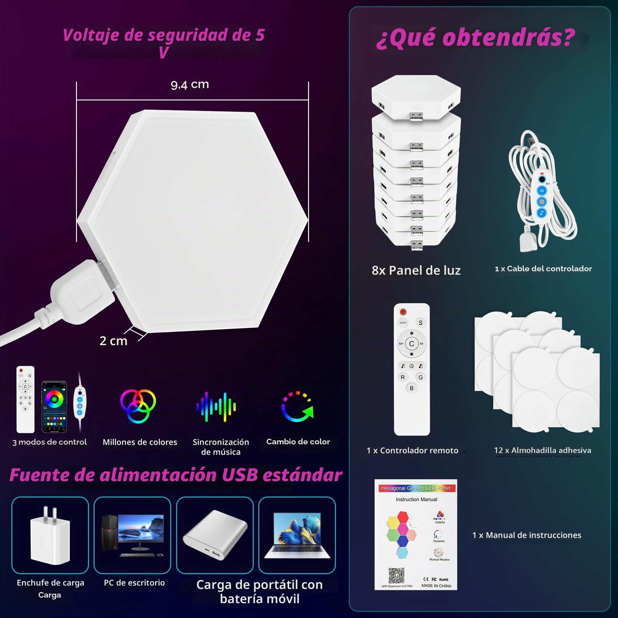 8 Piezas Hexa Paneles Luminosos, Smart Hexágono Luces de Pared, Sincronización de Música, Gamer Habitacion Pared Decoracion Lampara, RGB Luces de la Casa con APP para Sala de estar, Sala de Juegos