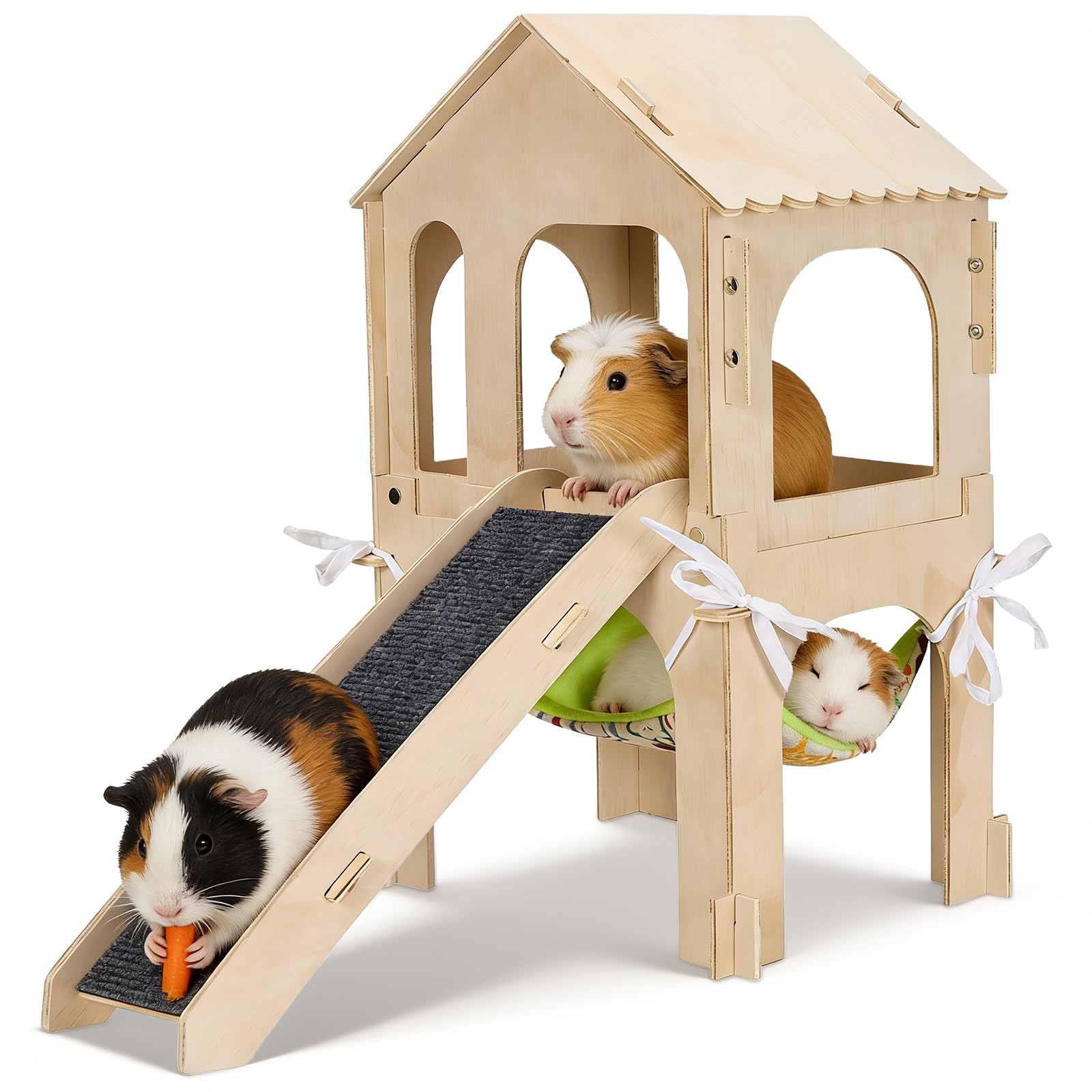 3 in 1 Wooden Guinea Pig House with Platform, Stairs & Hammock, 2-Story Guinea Pig Hideout for Hamster, Gerbil, Bunny, Chinchilla
