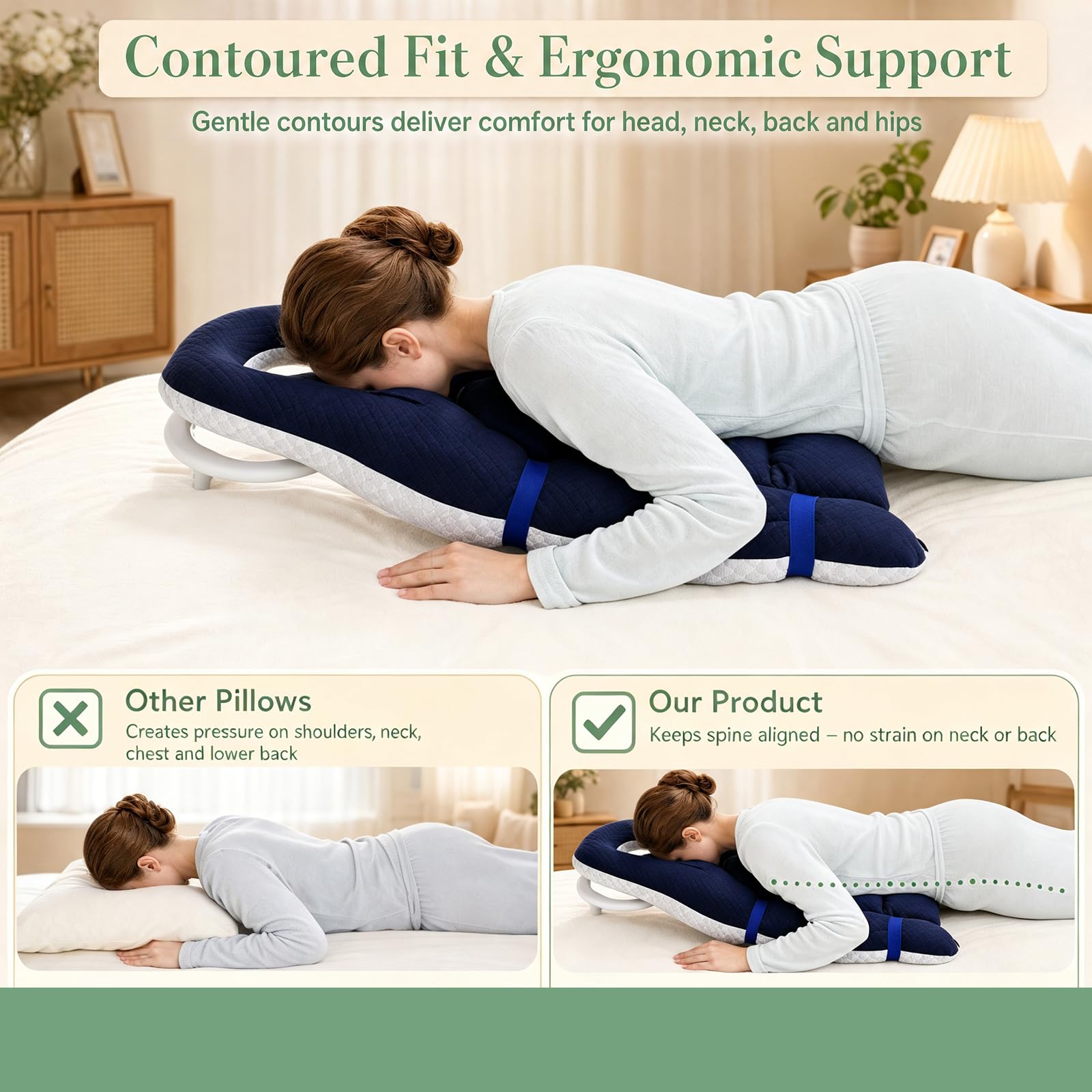 Bauchschläferkissen mit Kopfloch, Face Down Recovery Pillow für Retina- & Augen-OP, Piercing Kissen mit Atemöffnung Weicher Flanell & Samtfüllung für Bauchlage (Marineblau)
