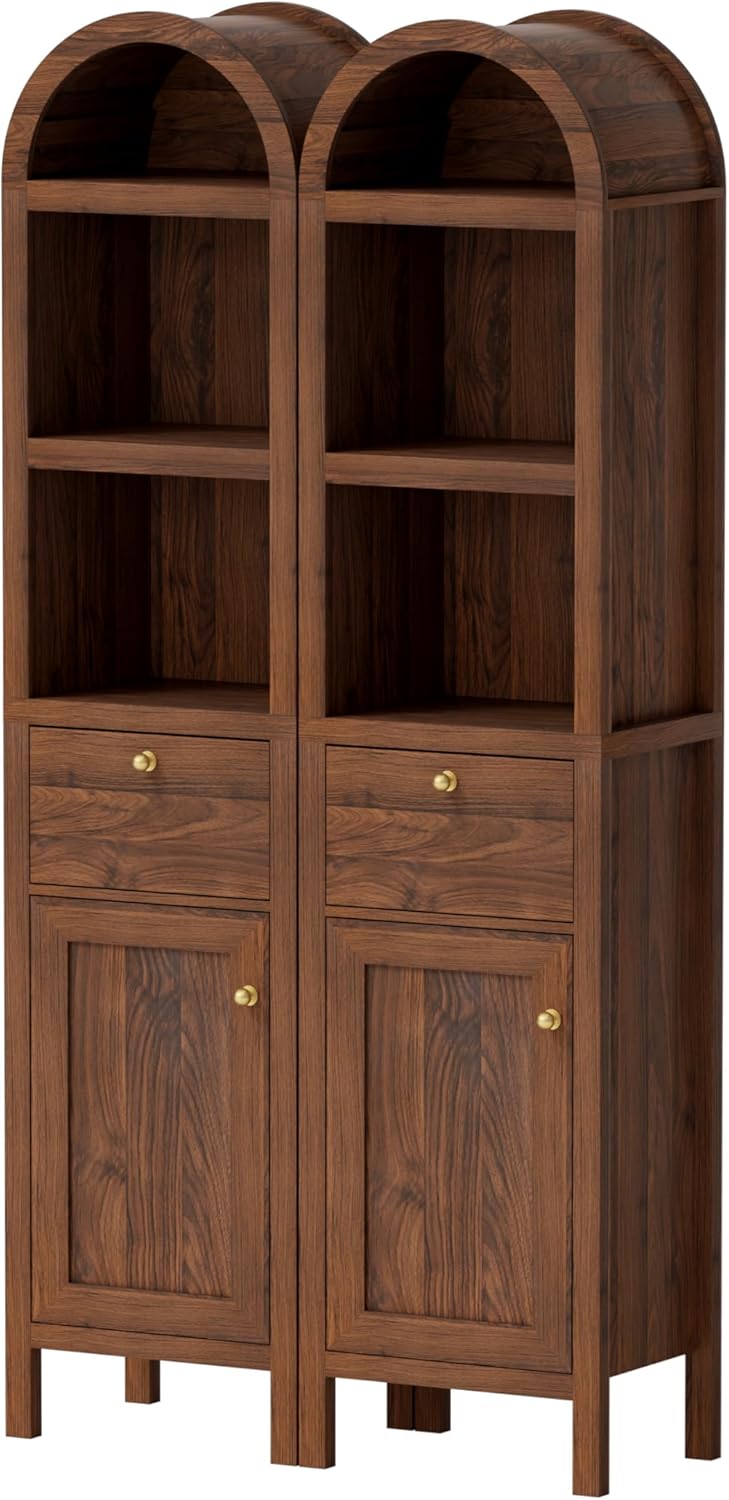 67" Tall Arched Bathroom Narrow Storage Cabinets Set of 2 with Adjustable Shelf, Farmhouse Freestanding Tower Cabinet with Door and Drawer for Kitchen, Living Room, Brown