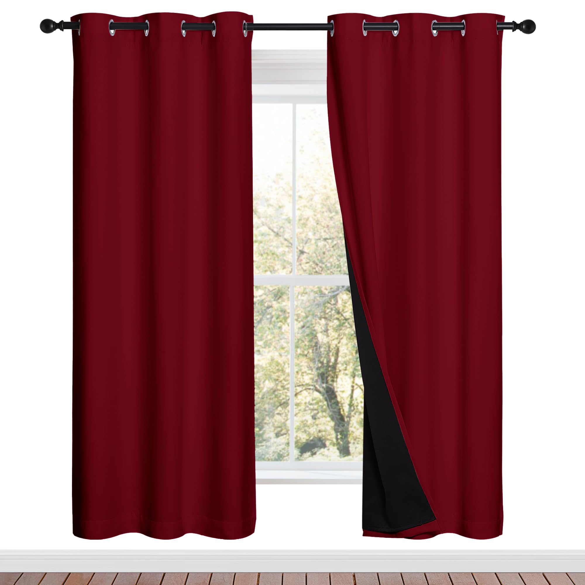 NICETOWN 100% Blackout Window Curtain Panels, Burgundy Red, 2 Pieces, 42-inch Wide Per Panel, Full Light Blocking Drapes with Black Liner for Nursery, 72-inch Drop Thermal Insulated Draperies