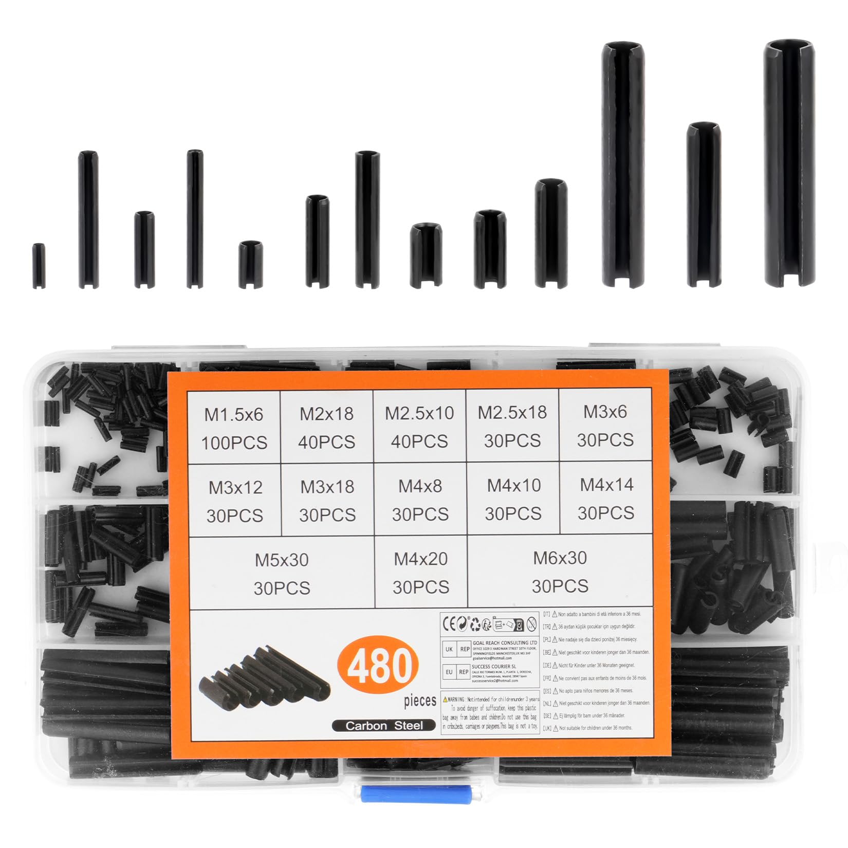 Spine Elastiche Perno di Tensione a Molla Diviso con Intaglio Perni a Rullo di Bloccaggio Split Scanalati Goupille di Sicurezza M1.5-M6 480 Pz
