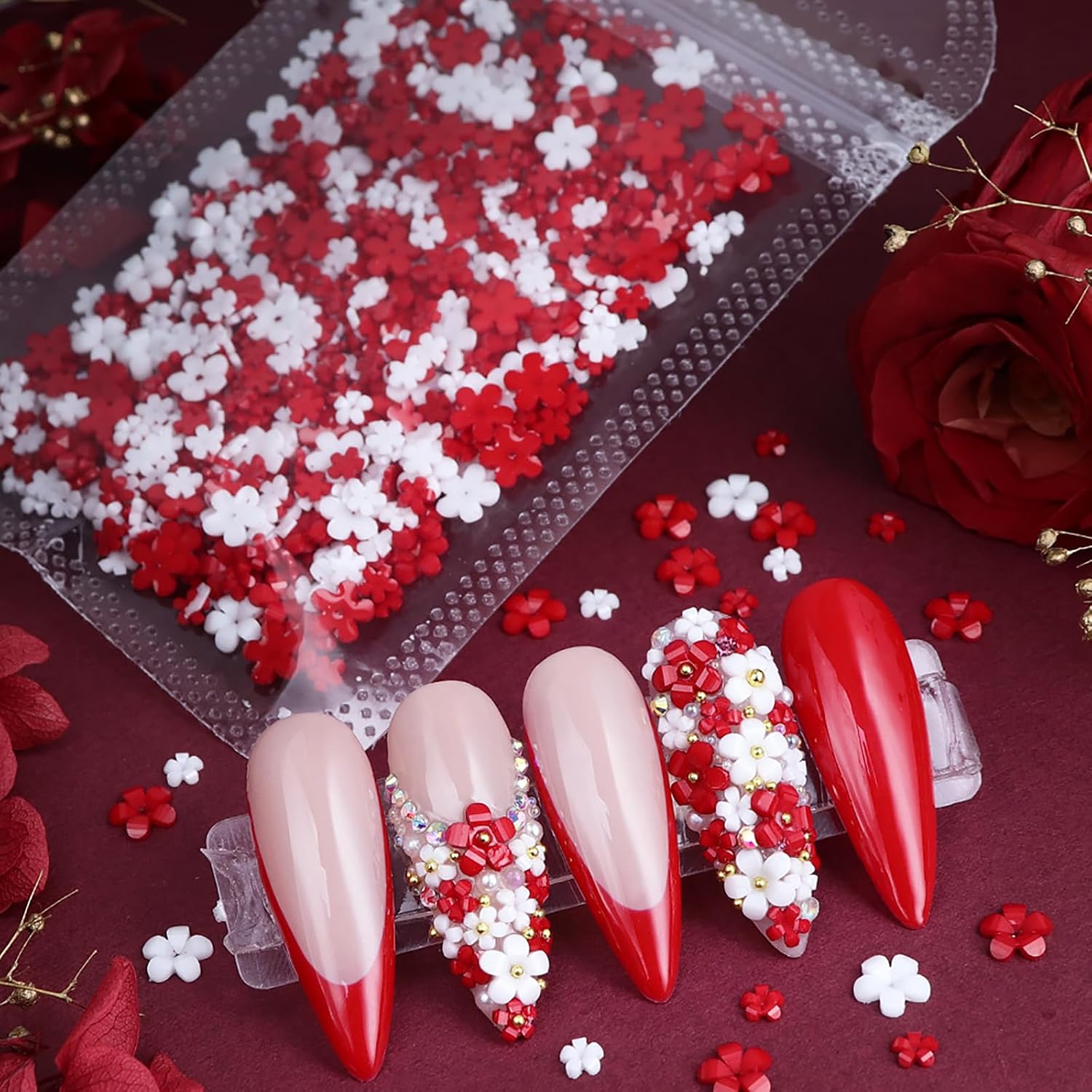 400Pcs Red Mixed 3D Flower Nail Charms for Nail Art, Cute Colorful Acrylic Flowers Nail Charms with Gold & Silver Caviar Beads for Women Manicure DIY Decorations