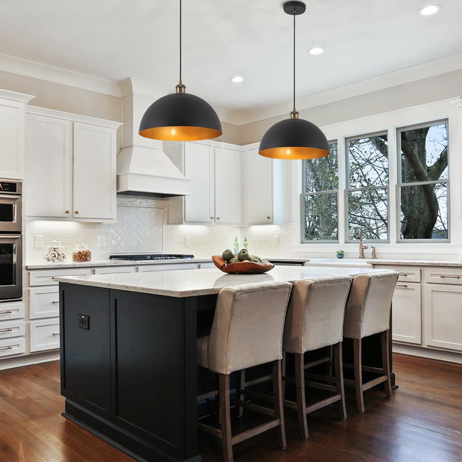 13.78" modern industrial black pendant lights farmhouse dome black gold pendant lighting vintage golden pendant light for kitchen, dining room, bedroom, hallway, living room, set of 2 black gold 13.78" 2-pack