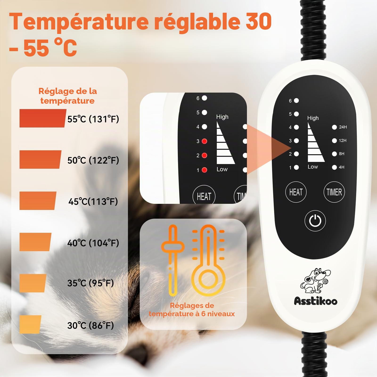 Tapis chauffant pour chiens chats, tapis chauffant pour animaux domestiques avec 4 minuteries et 6 niveaux température 30 – 55 ℃, couverture thermique chat, chiens, anti-morsure imperméable
