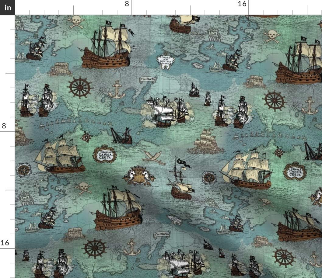 Spoonflower Fabric - Pirate Ships Map Blue Small Nautical Anchor Maritime Sailing Sailor Printed on Petal Signature Cotton Fabric by The Yard - Sewing Quilting Apparel Crafts Decor