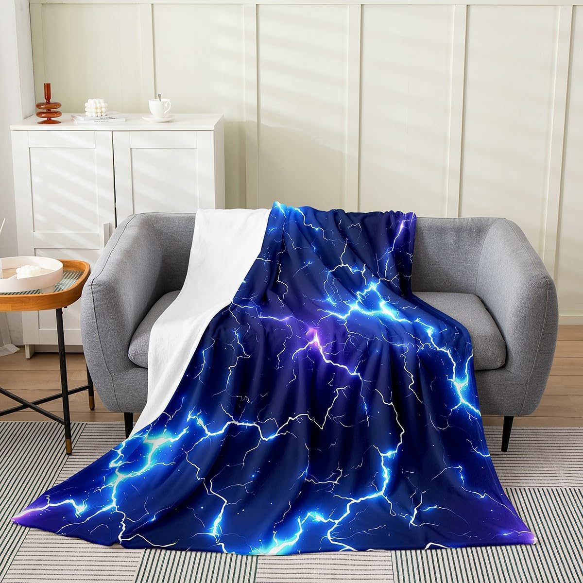Blue Lightning Flannel Fleece Blanket Throw Size,Super Soft Cozy 3D Lightning Plush Blankets,Lightweight Microfiber Blue and Purple Throw Blanket for Sofa Bed,50x60 Inches