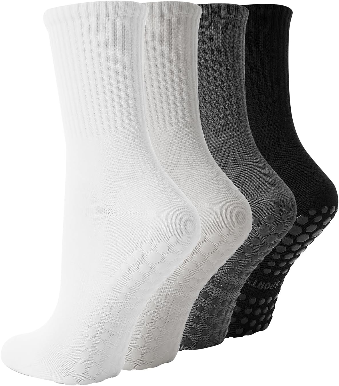 4 Pairs Pilates Socks with Grips for Women, Non Slip Yoga Athletic Ballet Barre Dance Workout Crew Socks