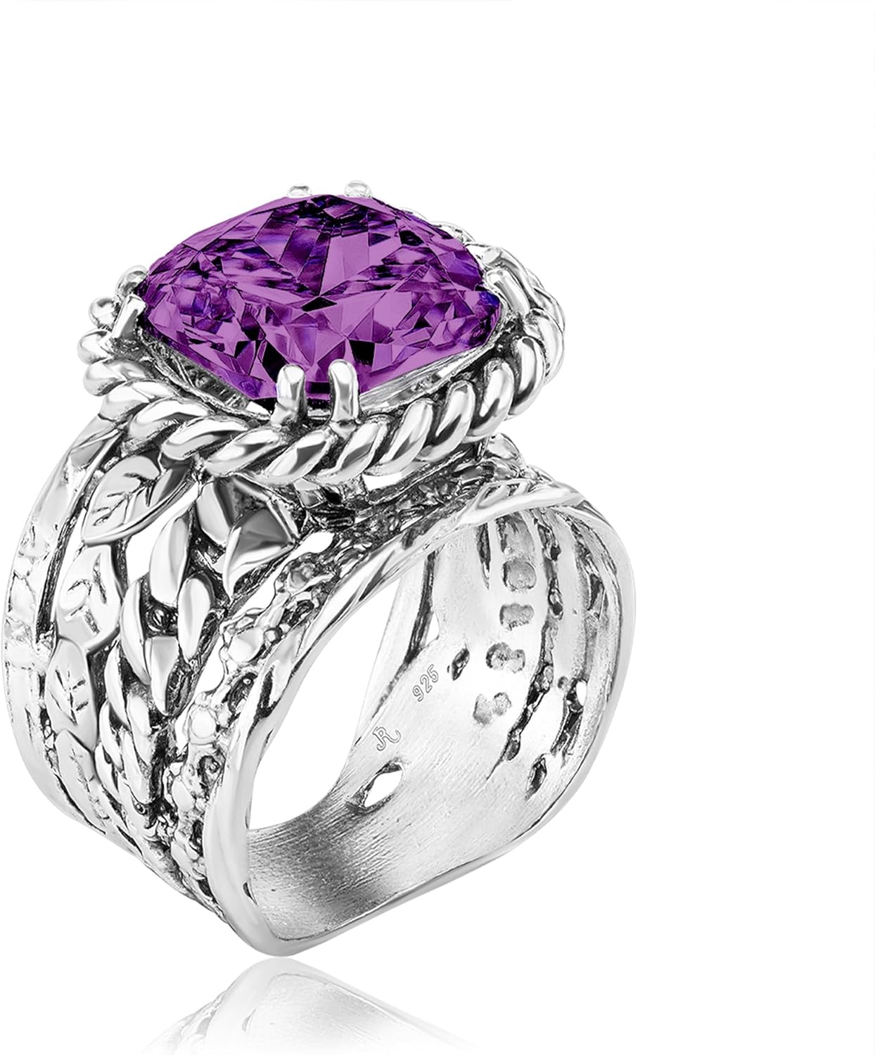 JEAN RACHEL JEWELRY 925 Sterling Silver Ring - Braid & Leaf Vintage Design with Cushion Cubic Zirconia - Hypoallergenic, Lead & Nickel Free - Artisan Handcrafted Statement Rings for Women